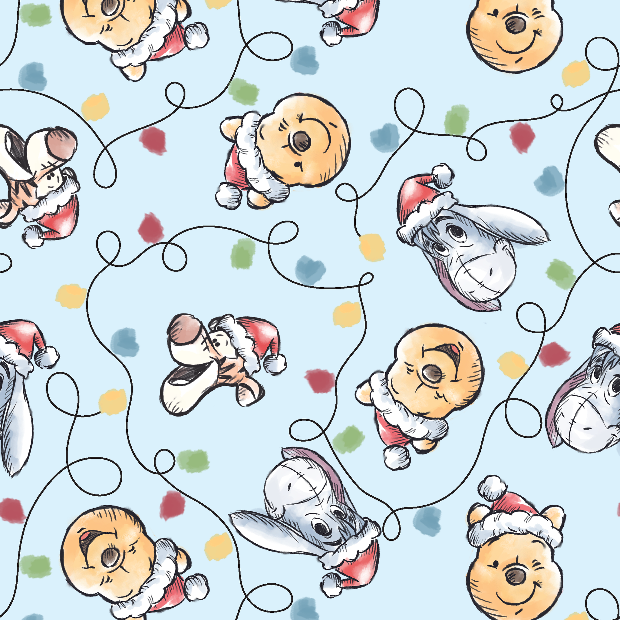Winnie the Pooh Christmas pattern with Pooh bear, Eeyore, and Tigger in Santa hats on blue background tiled preview square