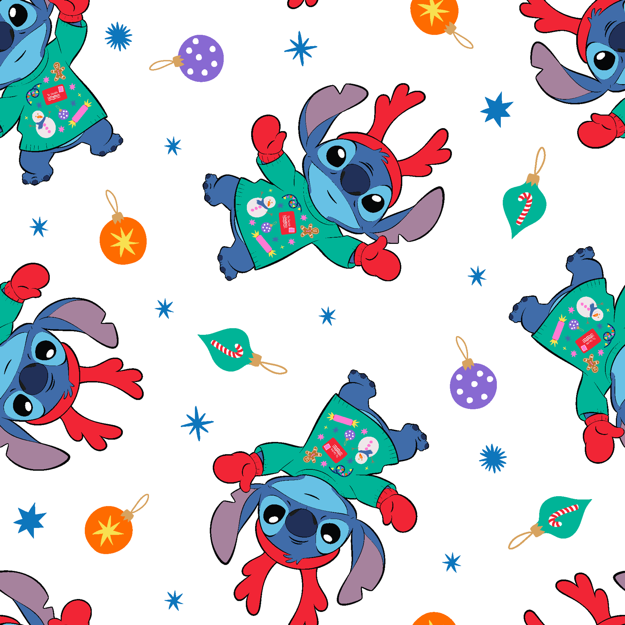 Disney's Stitch wearing green Christmas sweater and red scarf in repeating pattern with ornaments and stars. tiled preview square