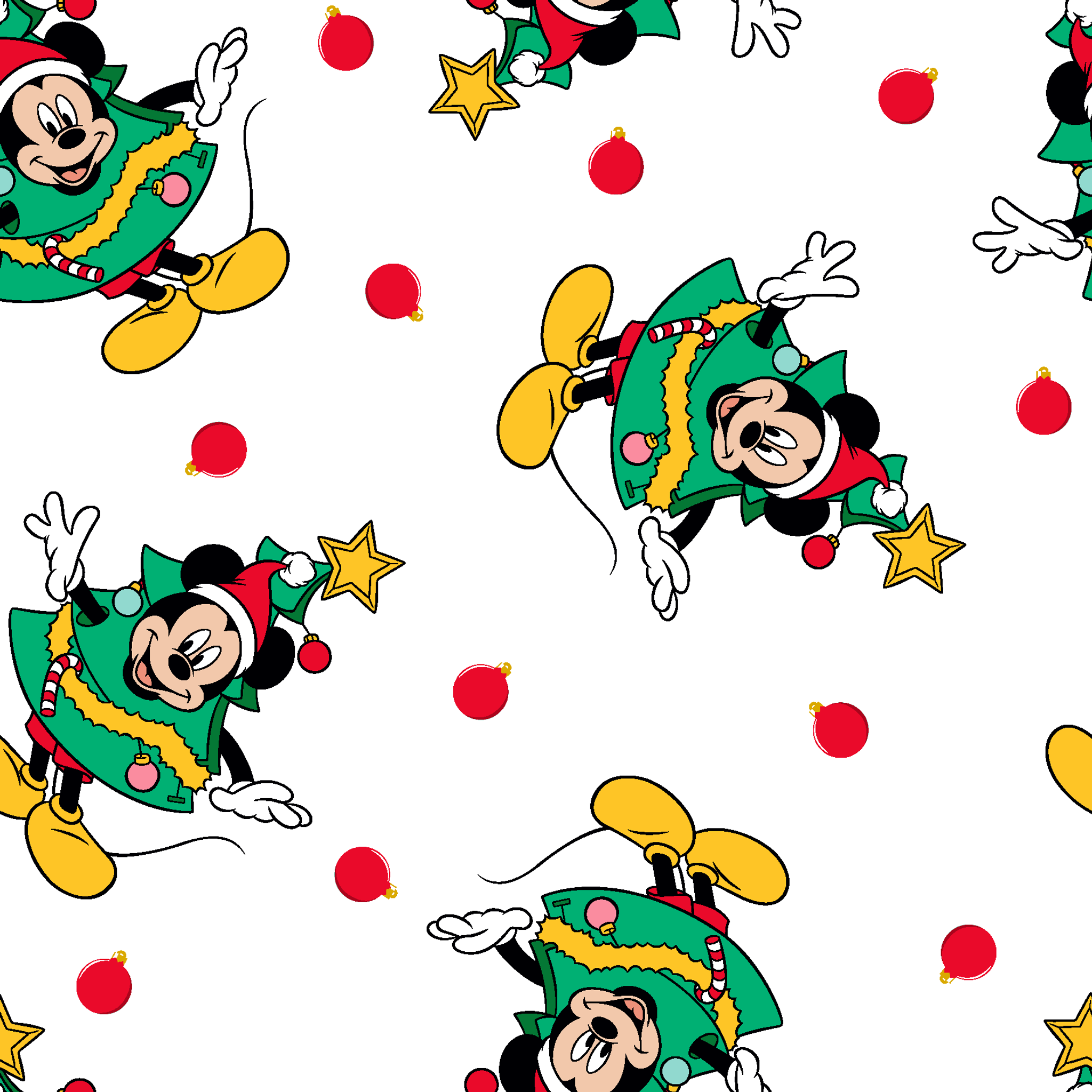 Mickey Mouse in a Christmas tree costume and stars on white background with red dots tiled preview square