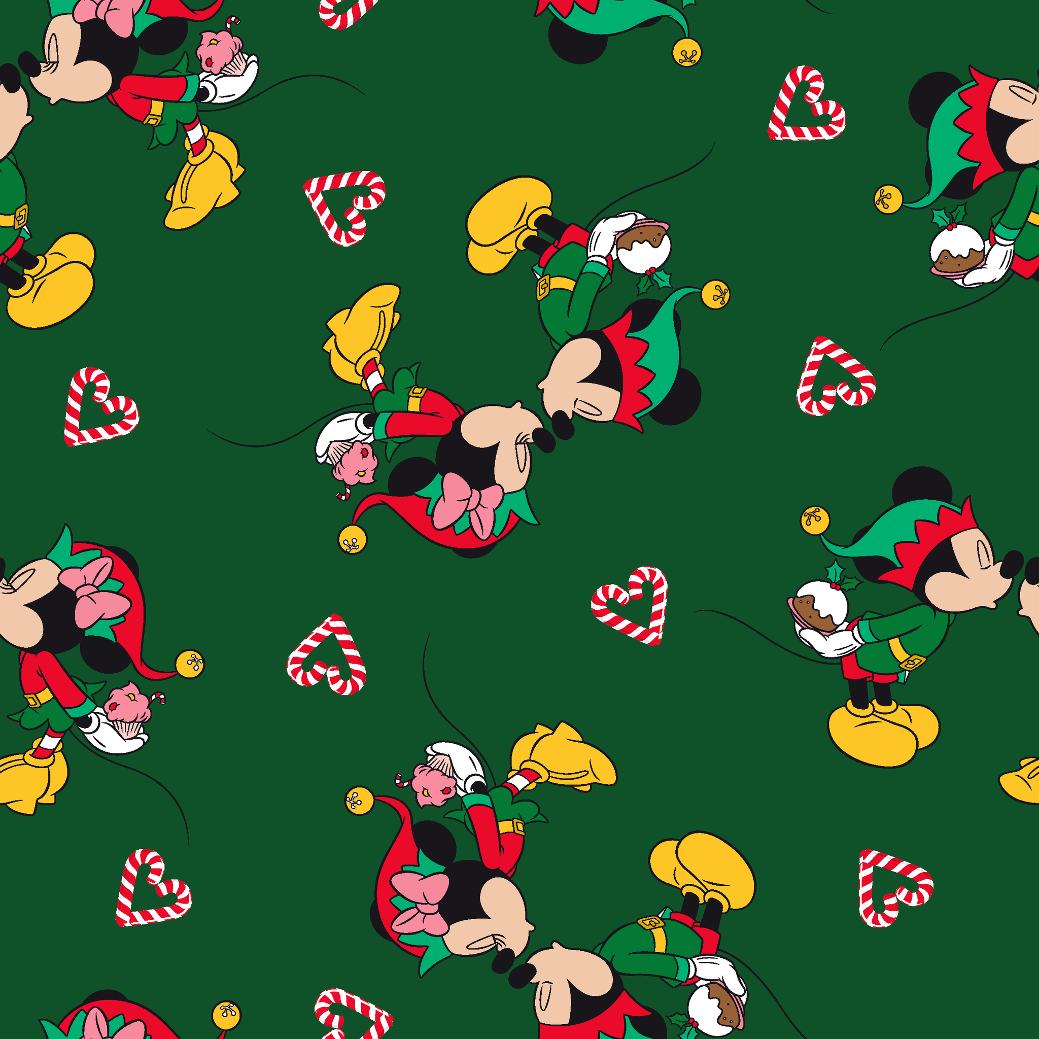 Festive Mickey Mouse pattern with candy canes on green background tiled preview square