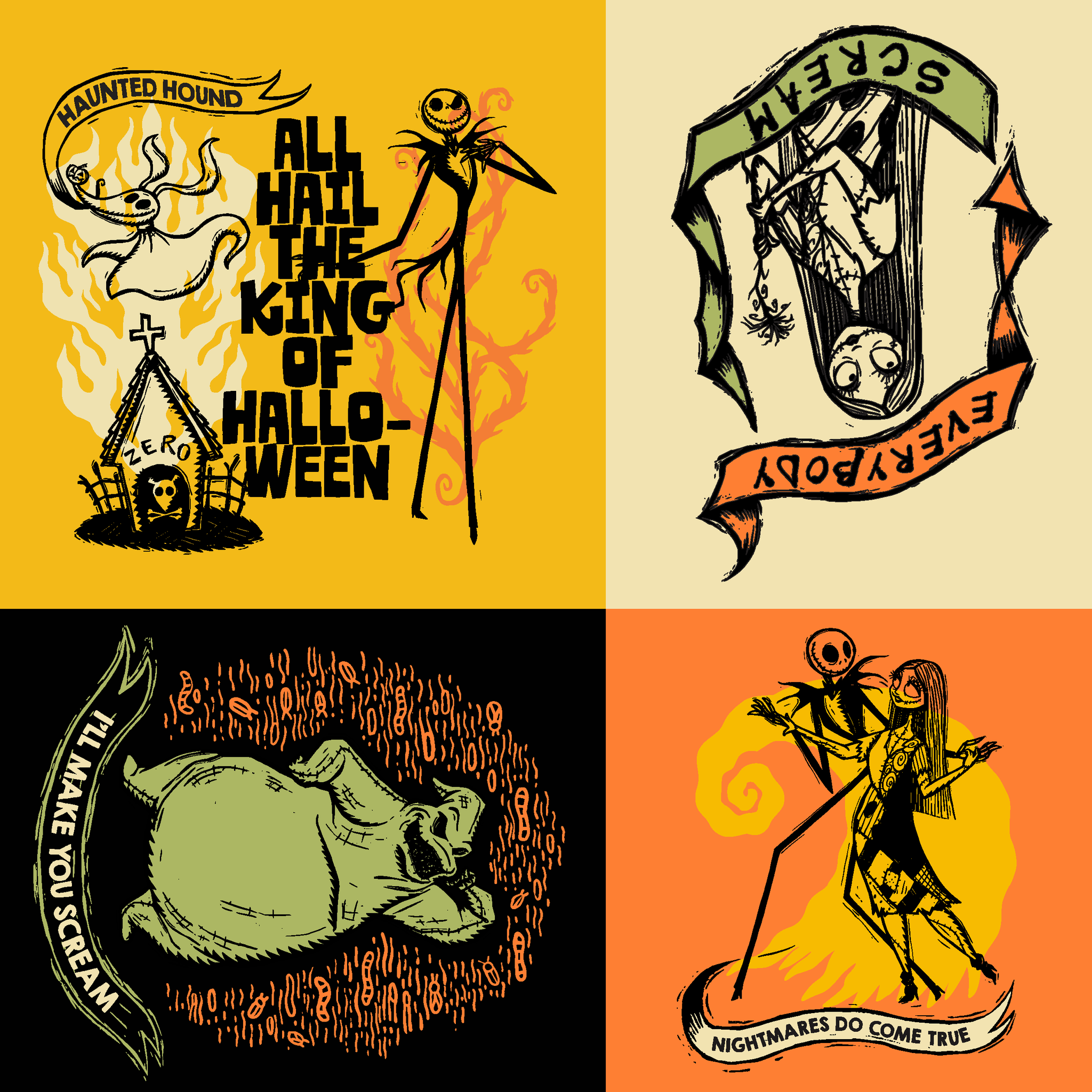 Four stylized Nightmare Before Christmas illustrations in a grid with yellow, green, and orange backgrounds featuring a haunted house and gothic imagery. tiled preview square