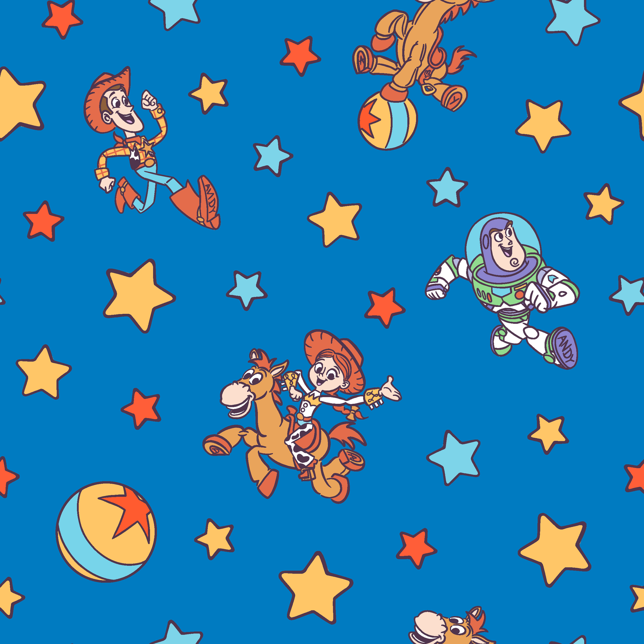 Toy Story characters floating in space pattern with stars on blue background tiled preview square