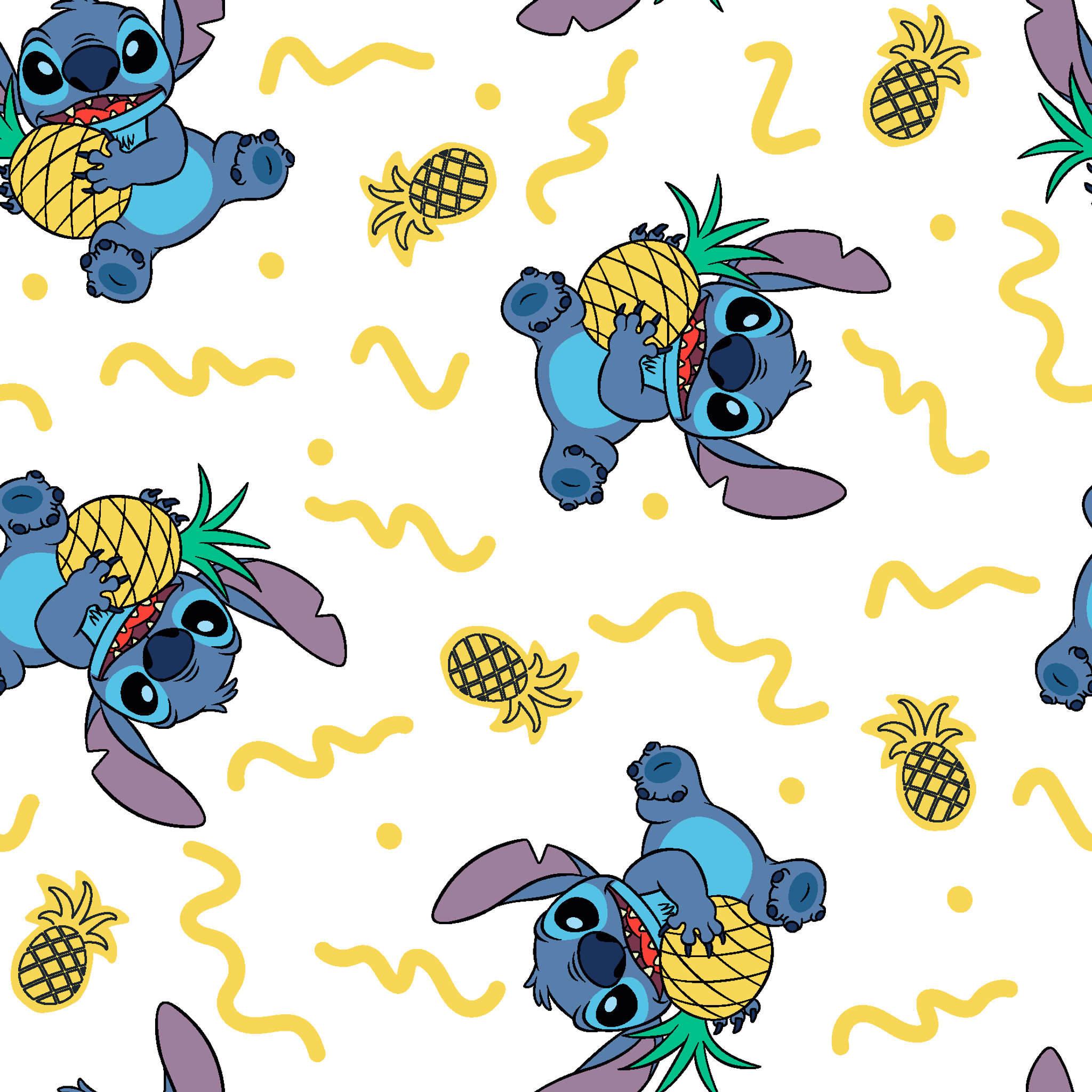 Disney's Stitch holding pineapples with yellow squiggly lines on white background pattern tiled preview square