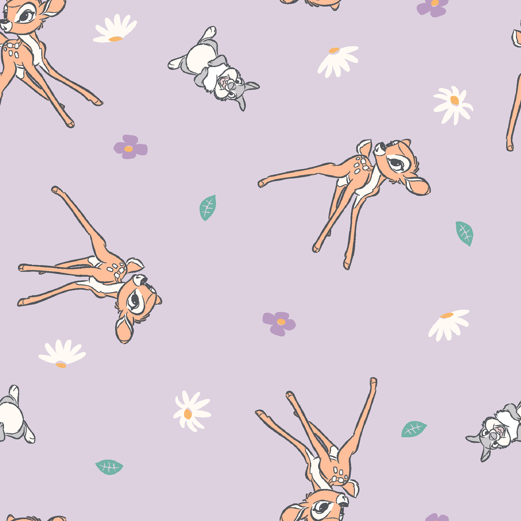 Seamless pattern of cartoon deer and bunnies with daisies and small flowers on lavender background tiled preview square