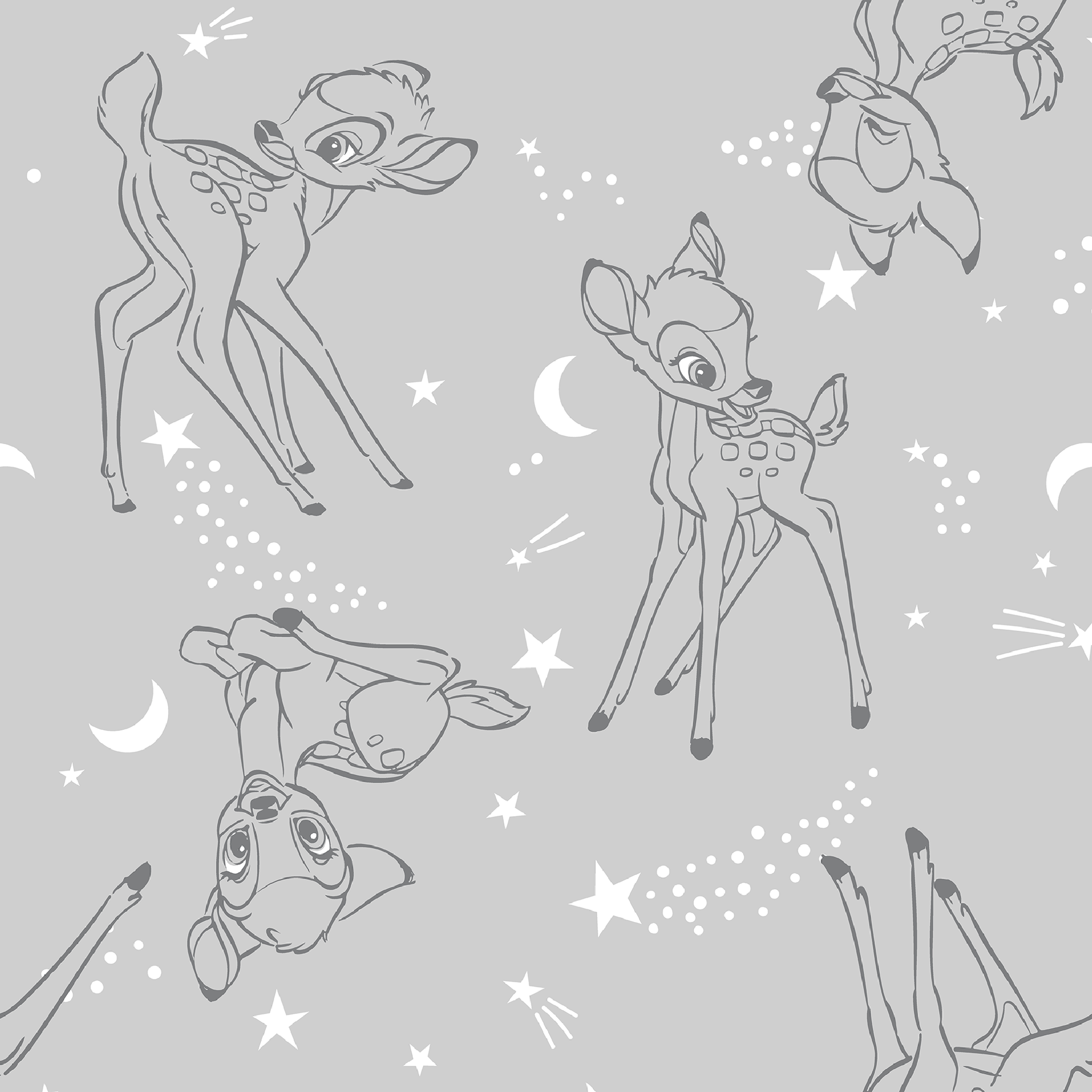 Line art illustrations of Disney’s Bambi surrounded by stars, moons, and stardust trails on a soft gray background in a scattered repeat. tiled preview square