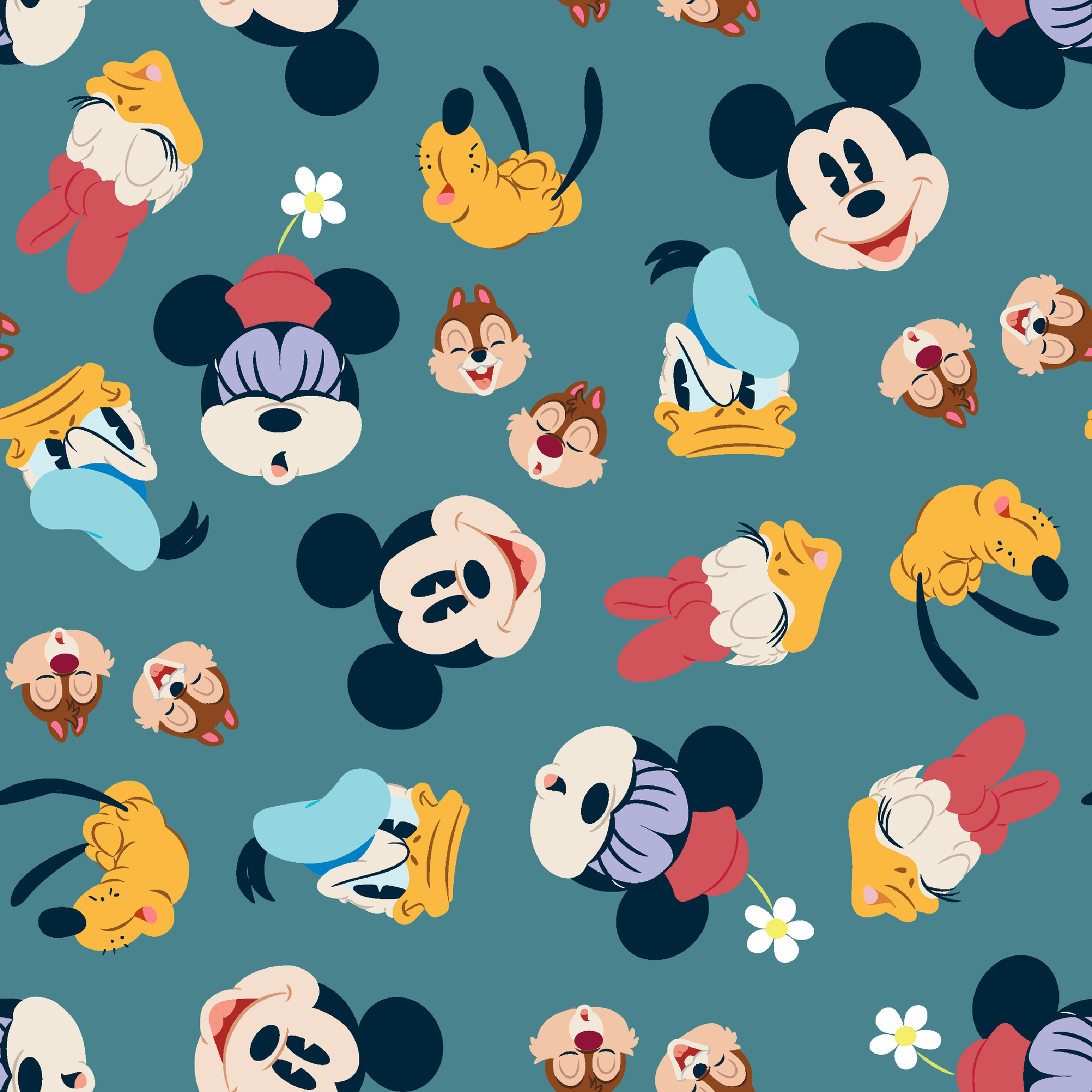 Disney cartoon characters pattern with Mickey Mouse, Donald Duck, and Pluto on teal background with small flowers tiled preview square