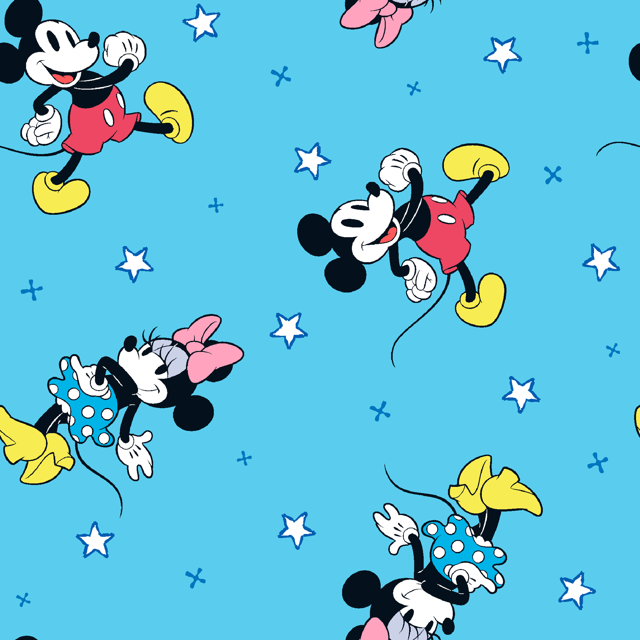 Disney Mickey Mouse and Minnie Mouse characters on light blue background with white stars, pattern design tiled preview square