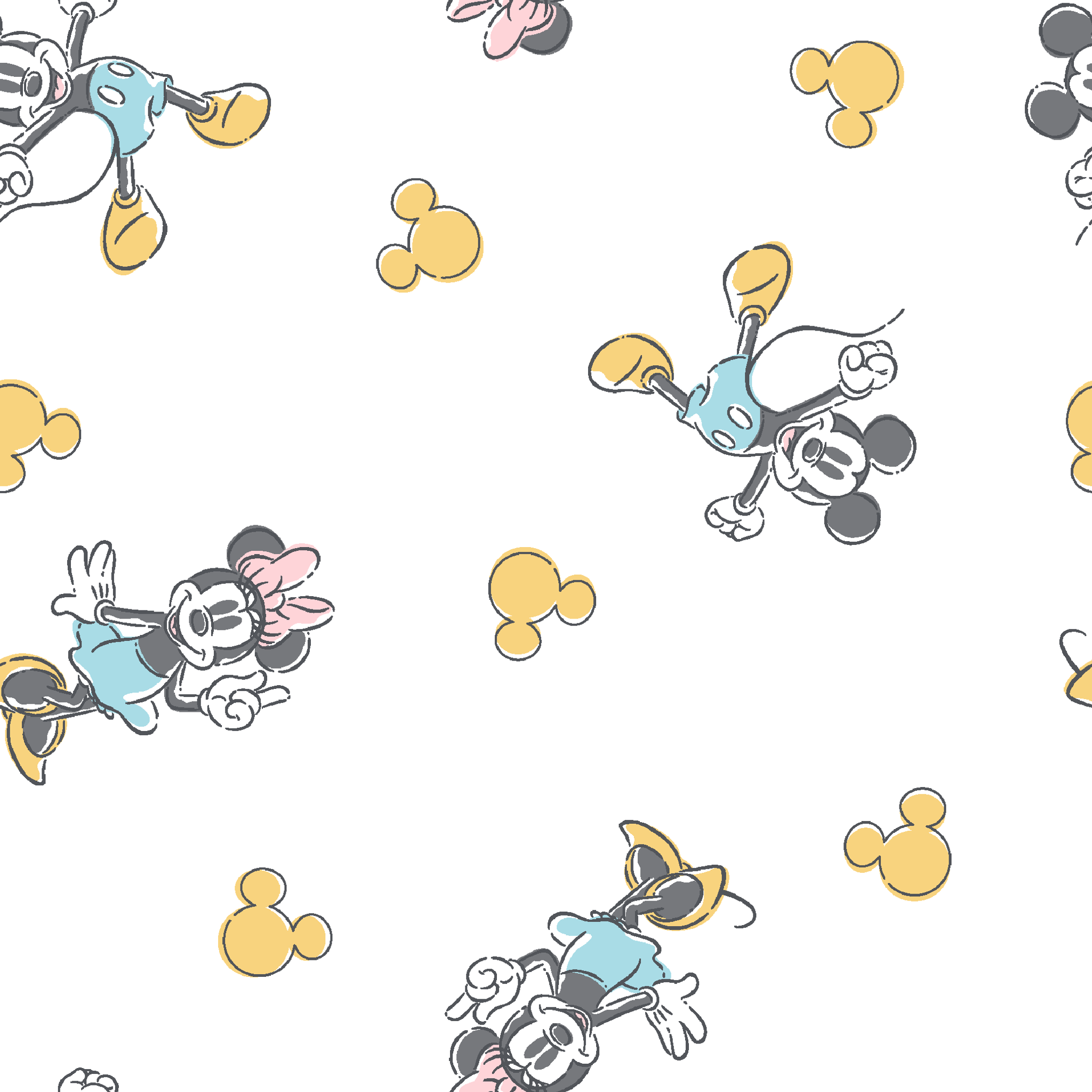 Mickey Mouse characters in light blue outfits scattered on white background with yellow Mickey silhouettes tiled preview square