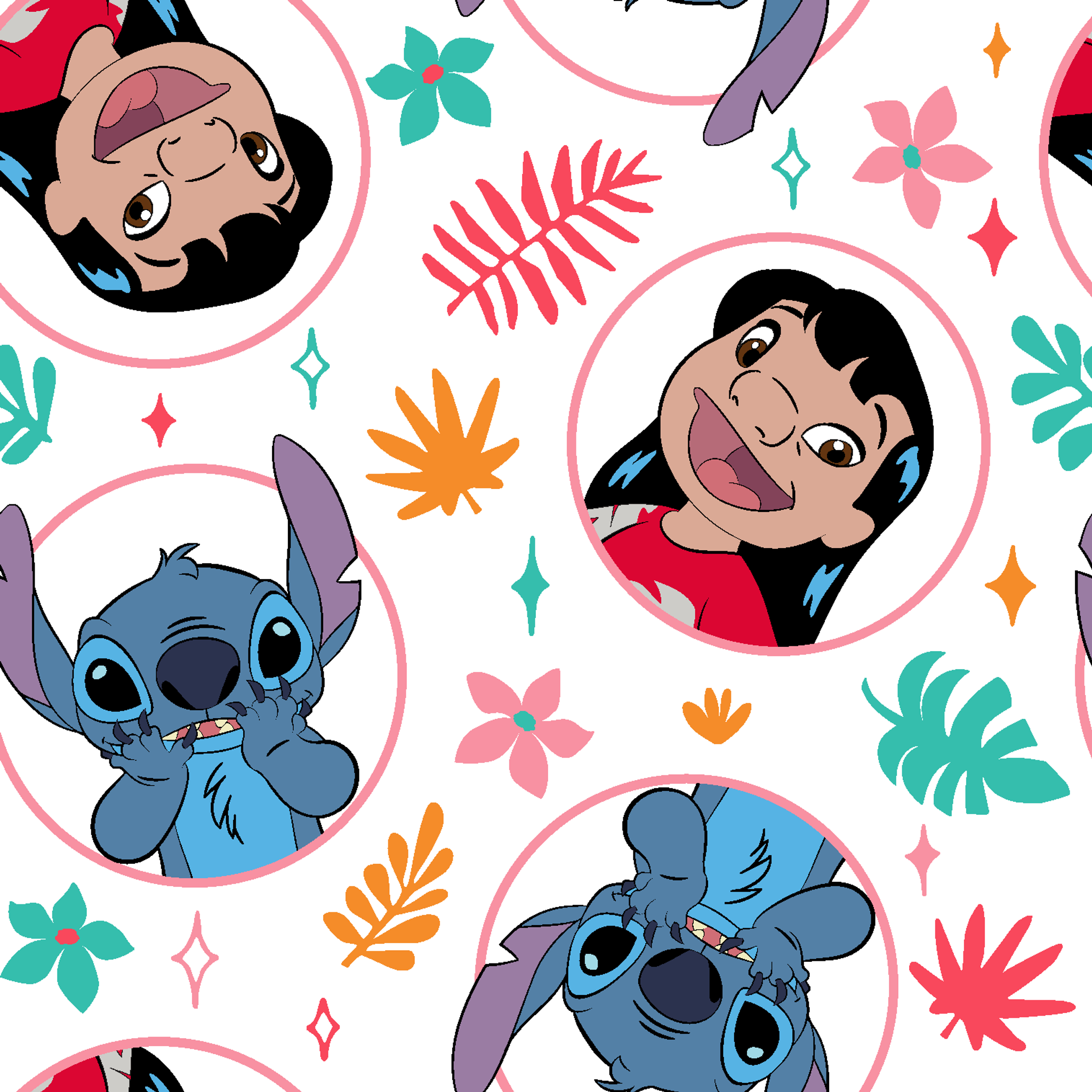 Colorful cartoon pattern with Lilo and Stitch in circles, surrounded by tropical leaves and stars tiled preview square