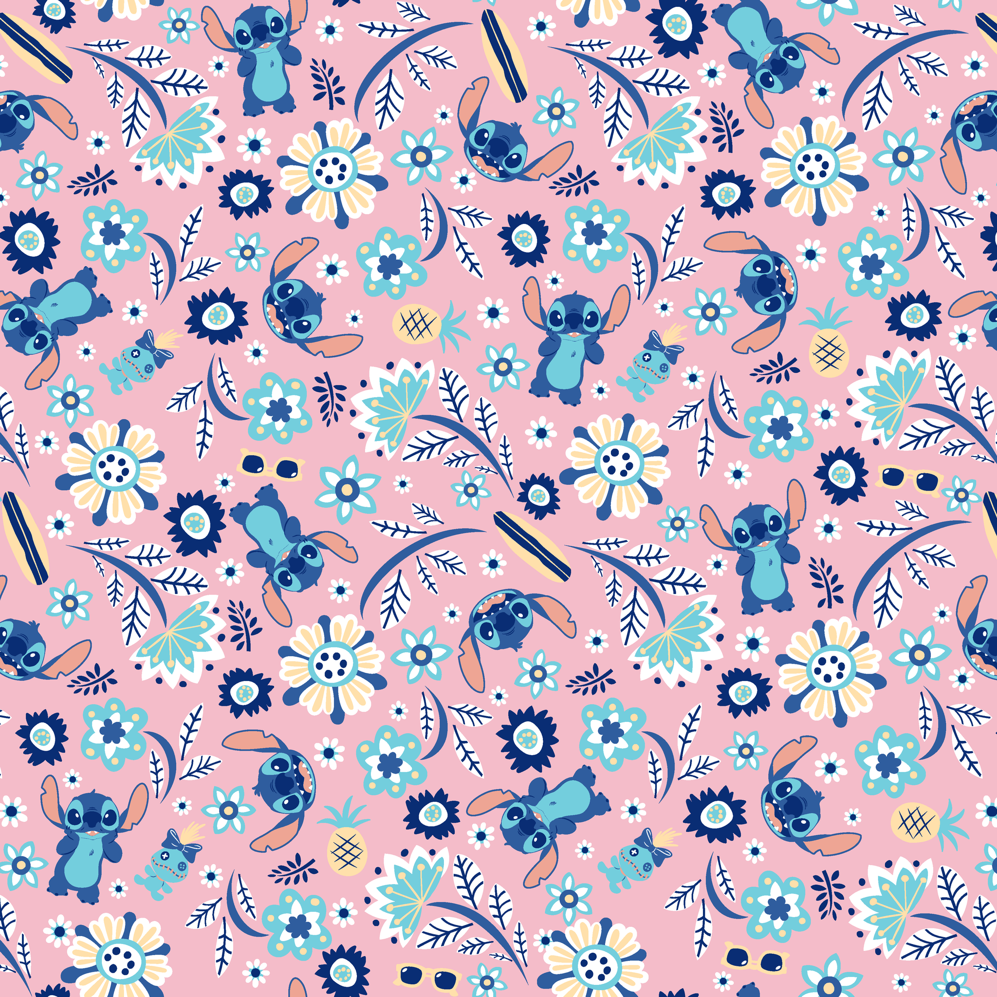 Floral pattern with Disney's Stitch, white daisies, and mint green accents on pink background tiled preview square