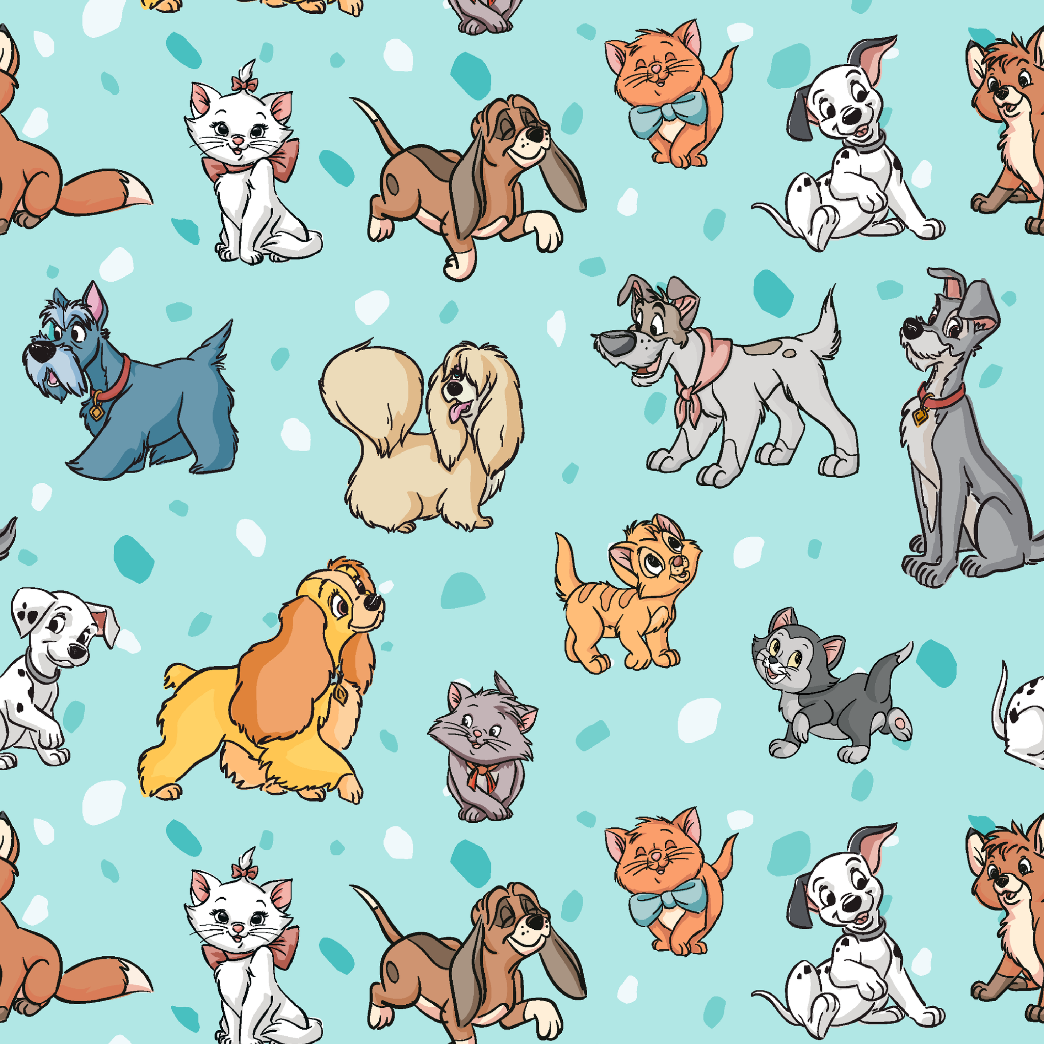 Cartoon-style Disney dogs and cats on a light blue background with scattered spots. tiled preview square