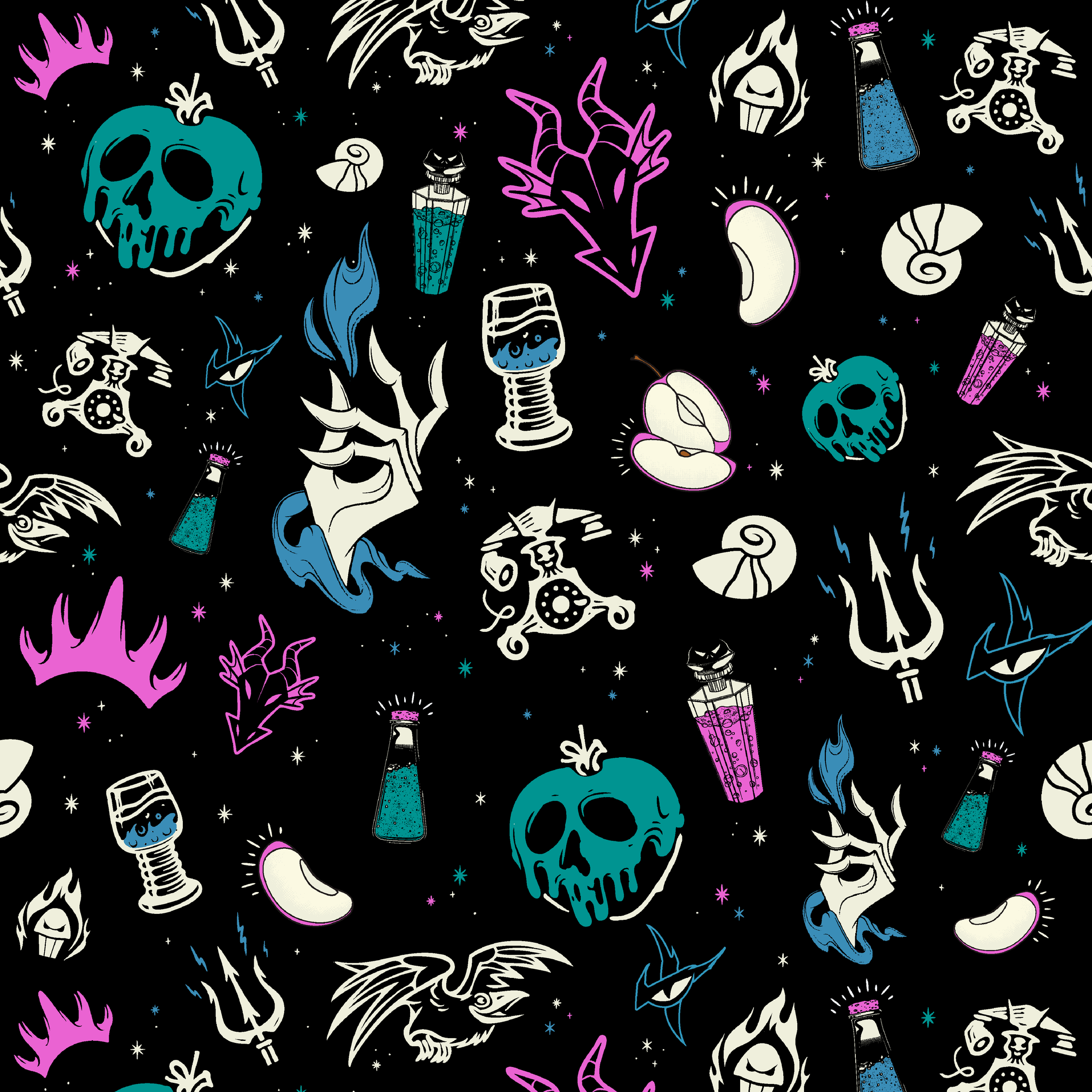 Gothic pattern with Disney villain-inspired icons like skulls, potions, and flames in teal, purple, and blue on black background. tiled preview square