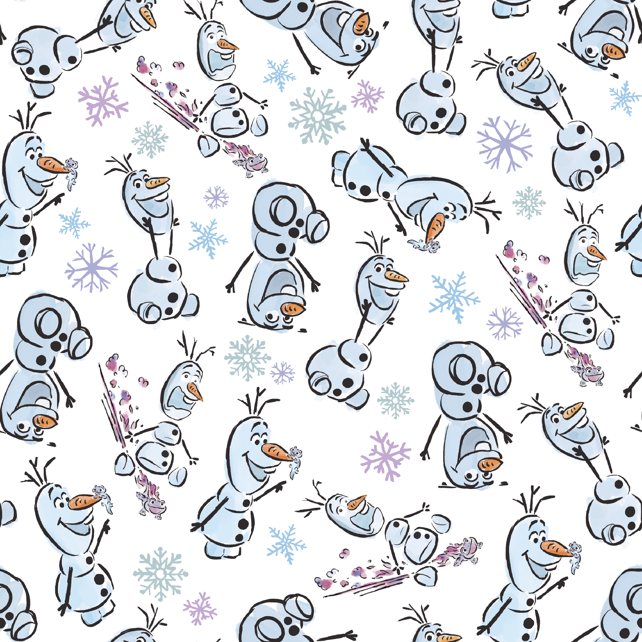 Disney Frozen Olaf with different happy expressions scattered on light blue background with snowflakes tiled preview square