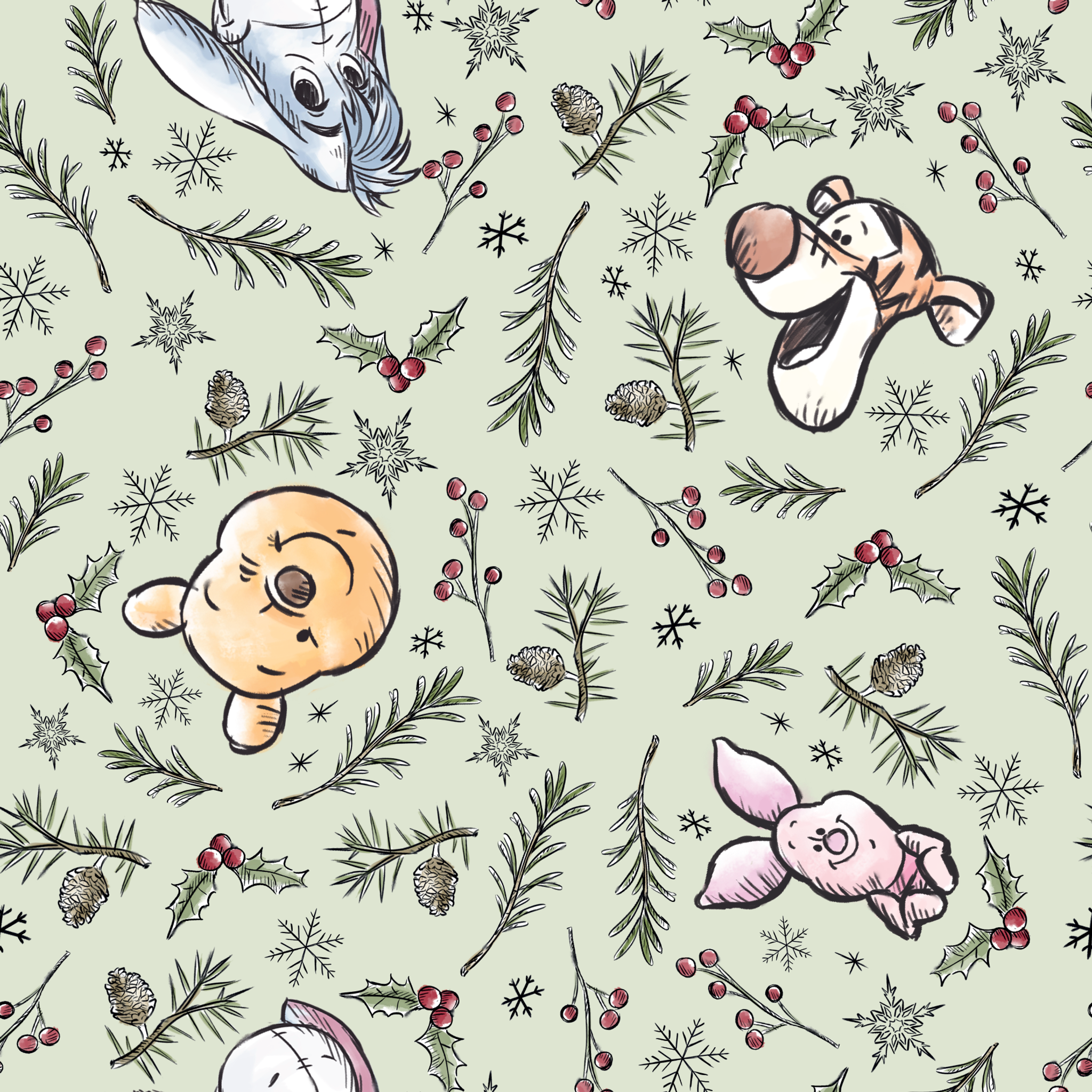 Whimsical holiday pattern with cartoon animals, pine branches, berries, and snowflakes on mint green tiled preview square