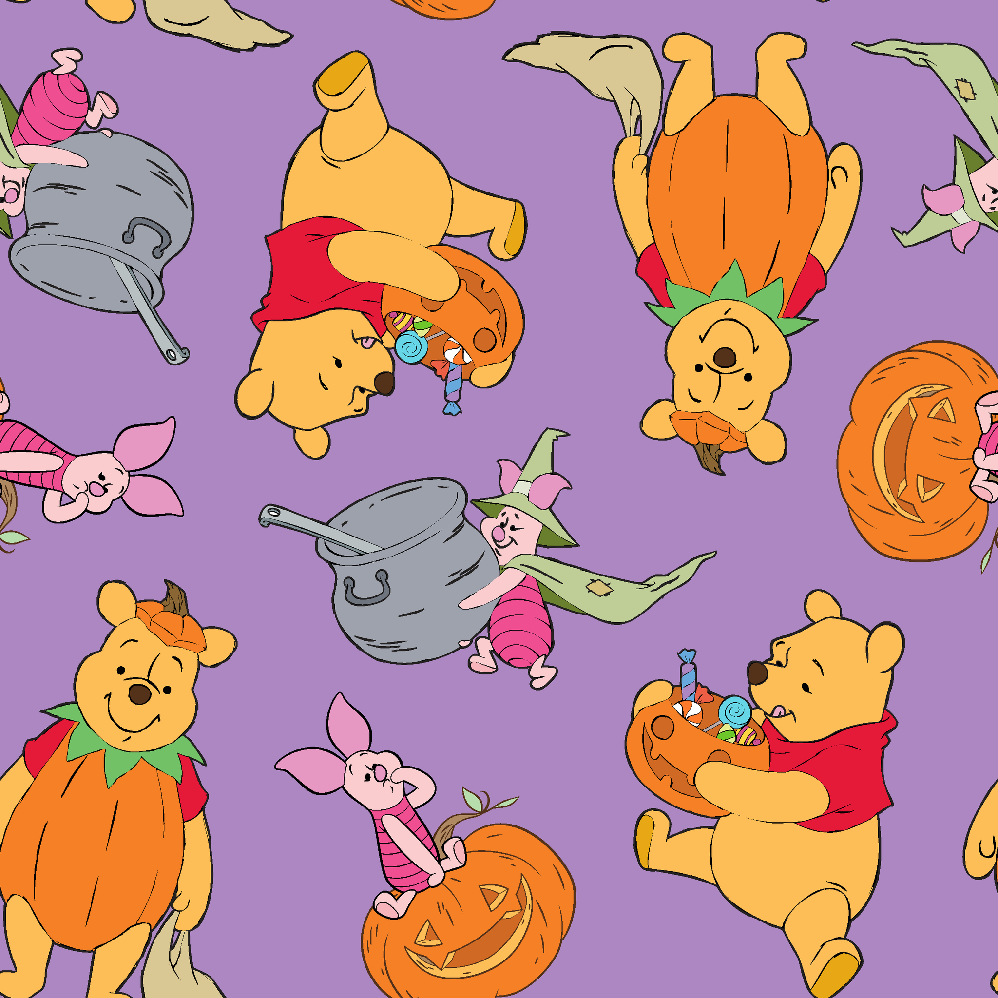 Whimsical Winnie the Pooh pattern with Piglet and Eeyore on purple background with pumpkins tiled preview square
