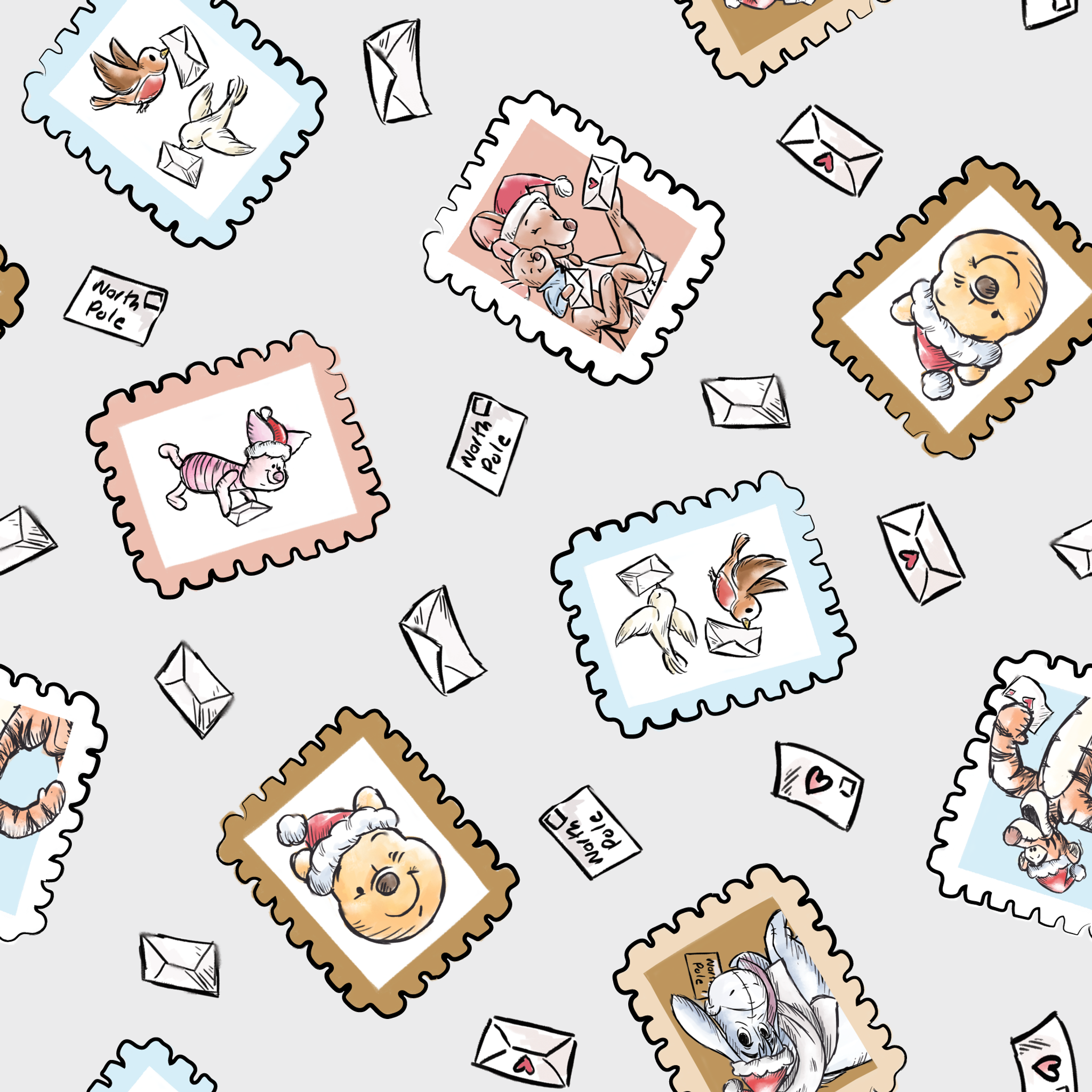 Vintage-style postage stamps with fairy tale illustrations on a light gray background with envelo... tiled preview square