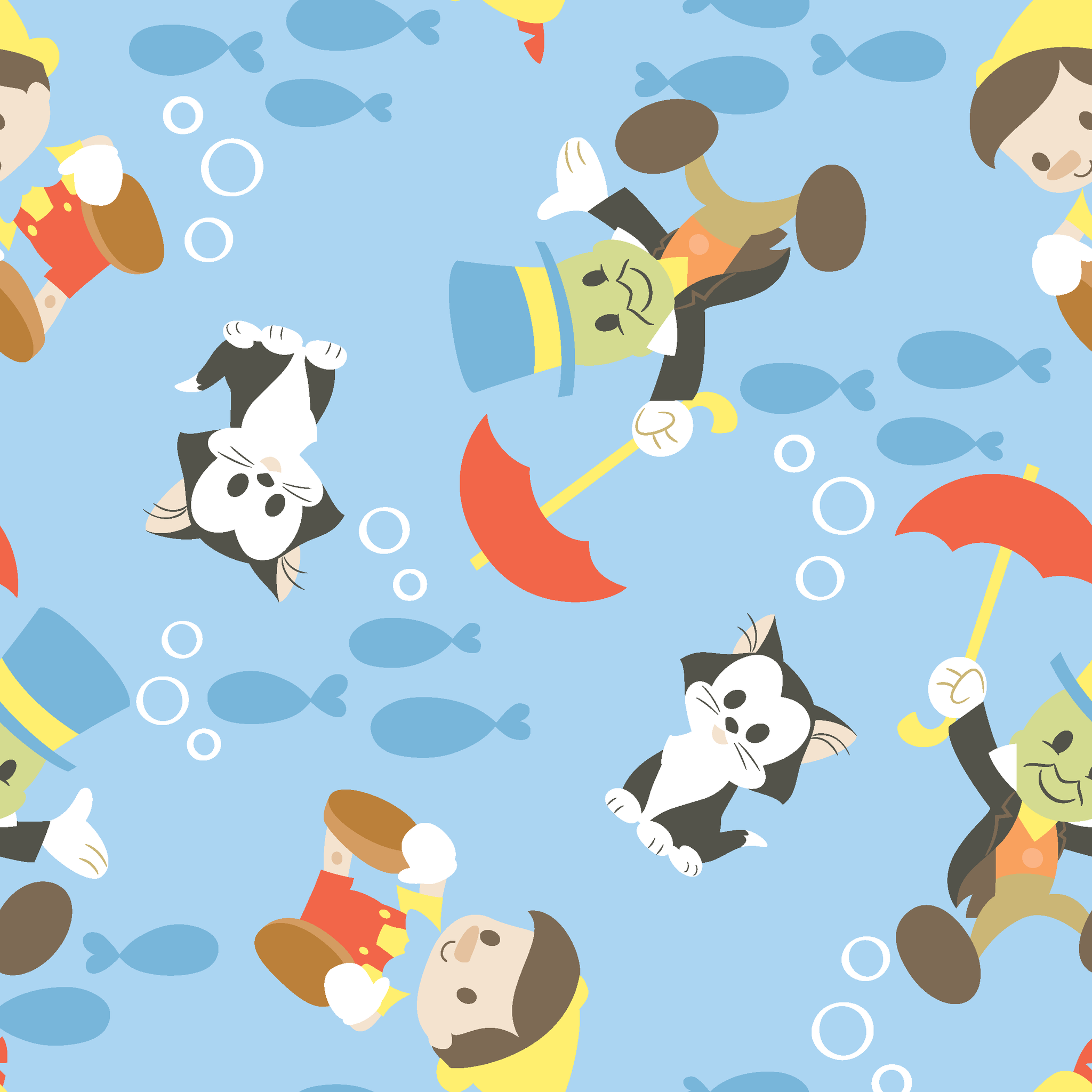 Cartoon animals swimming underwater with fish, bubbles, and snorkeling gear on blue background tiled preview square