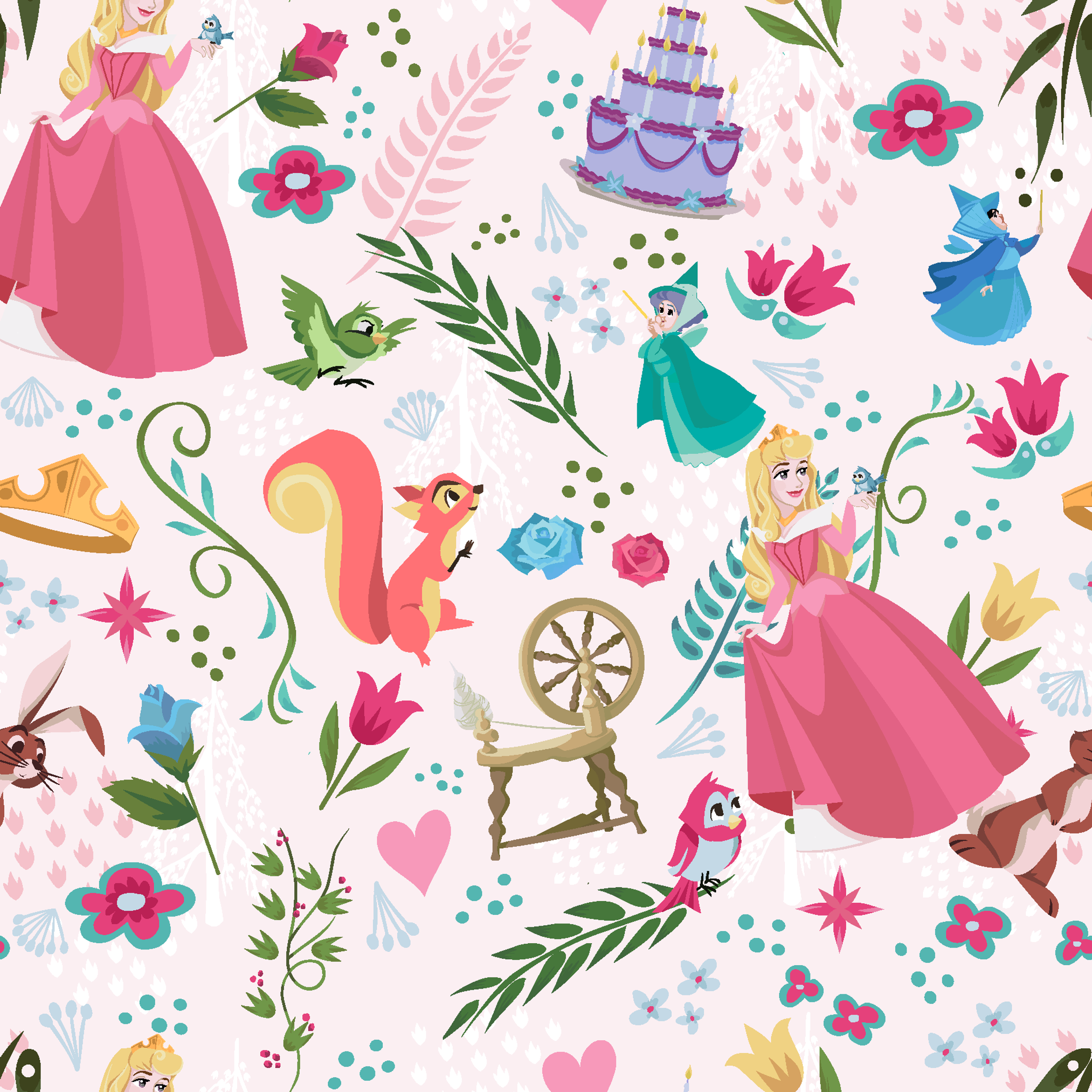 Colorful Sleeping Beauty pattern with Aurora, animals, flowers, spinning wheel, and cake on light background tiled preview square