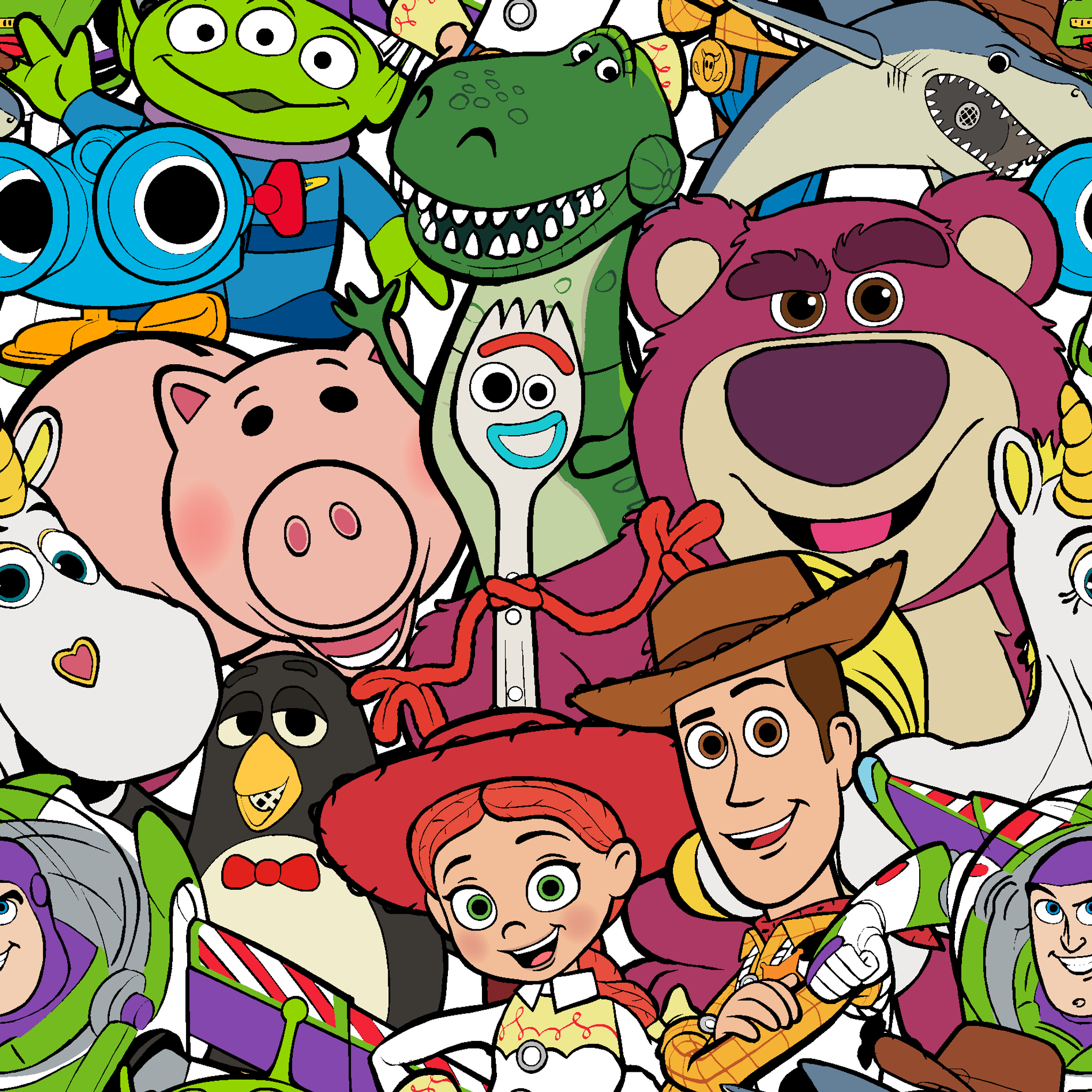 Colorful collage of Pixar and Disney animated characters including Toy Story, Monsters Inc, and other iconic cartoon figures tiled preview square