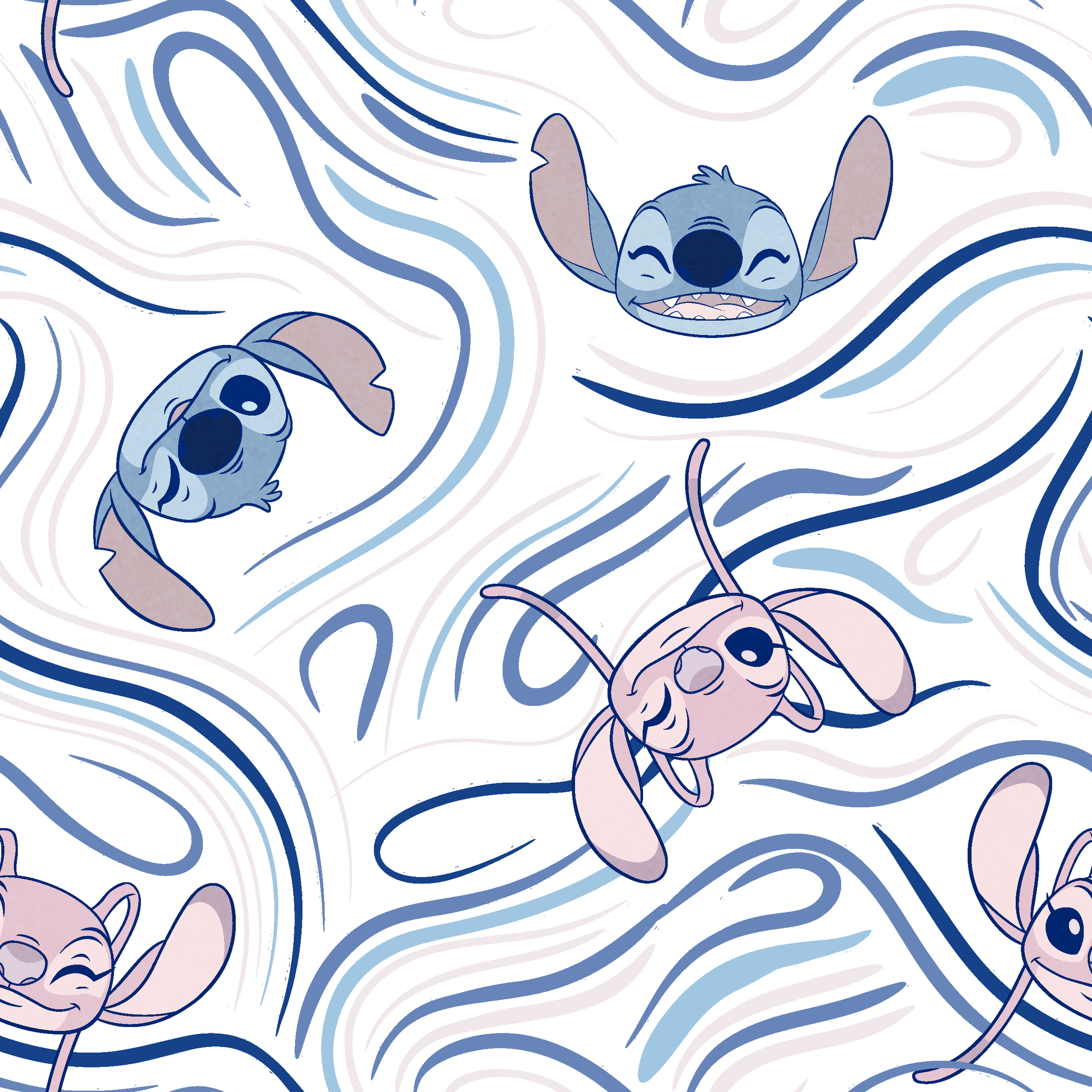 Blue alien character with large ears in various poses on swirling blue and white pattern background tiled preview square