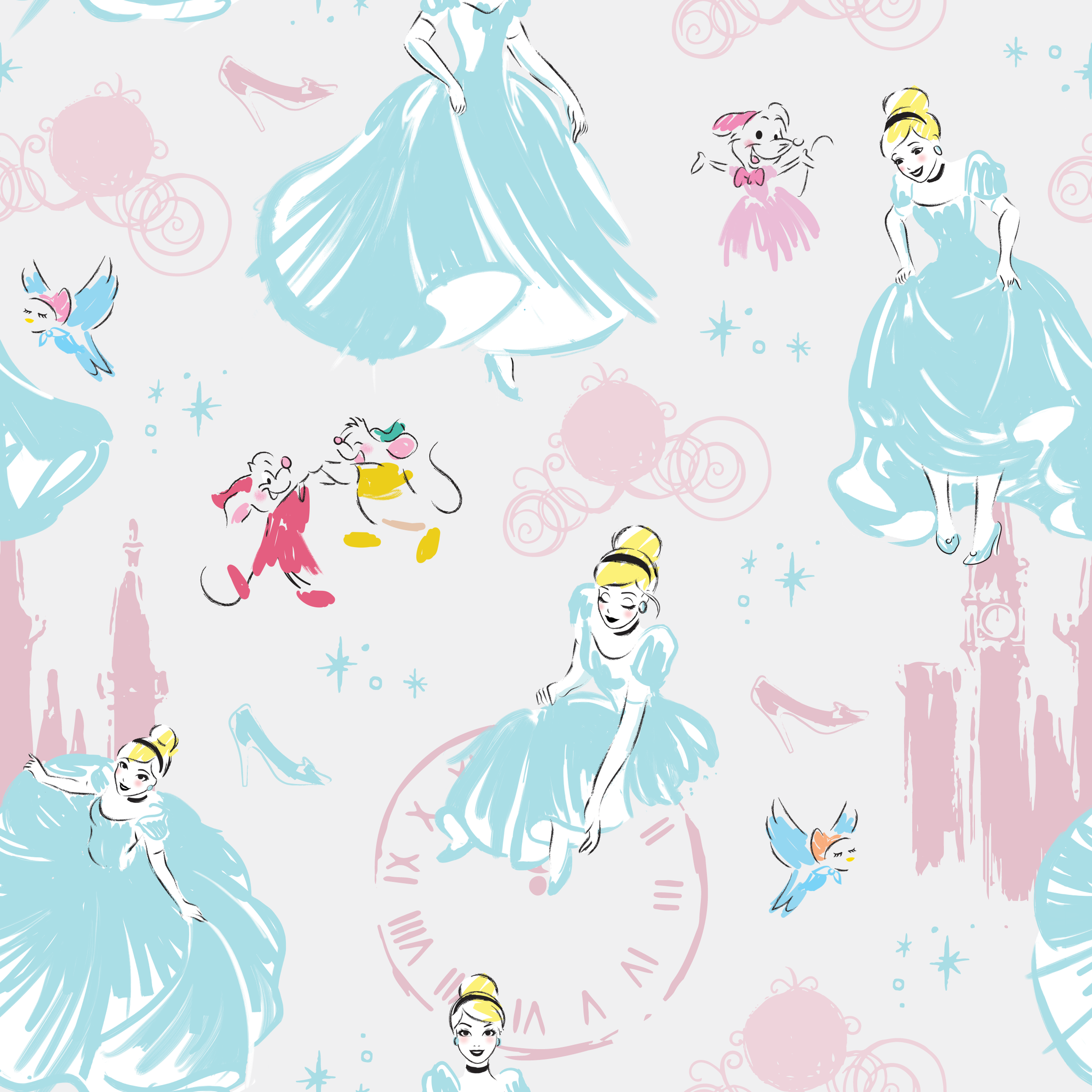 Dreamy Cinderella pattern with blue gowns, castle silhouettes, glass slippers, and blue birds on pale background tiled preview square