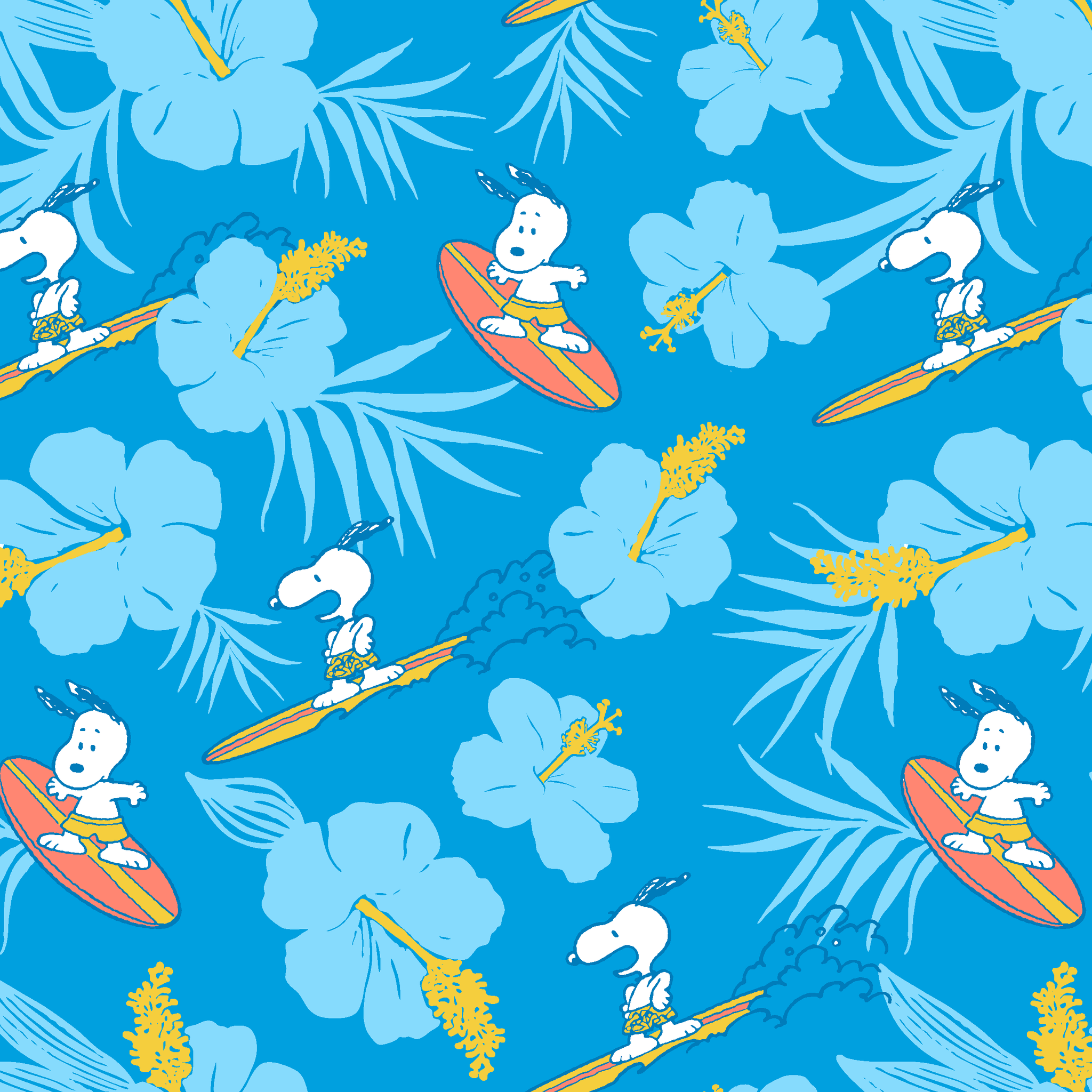 SNOOPY　シルクスクリーン Peanuts Snoopy Surfing on Blue Floral | Fabric by the Yard