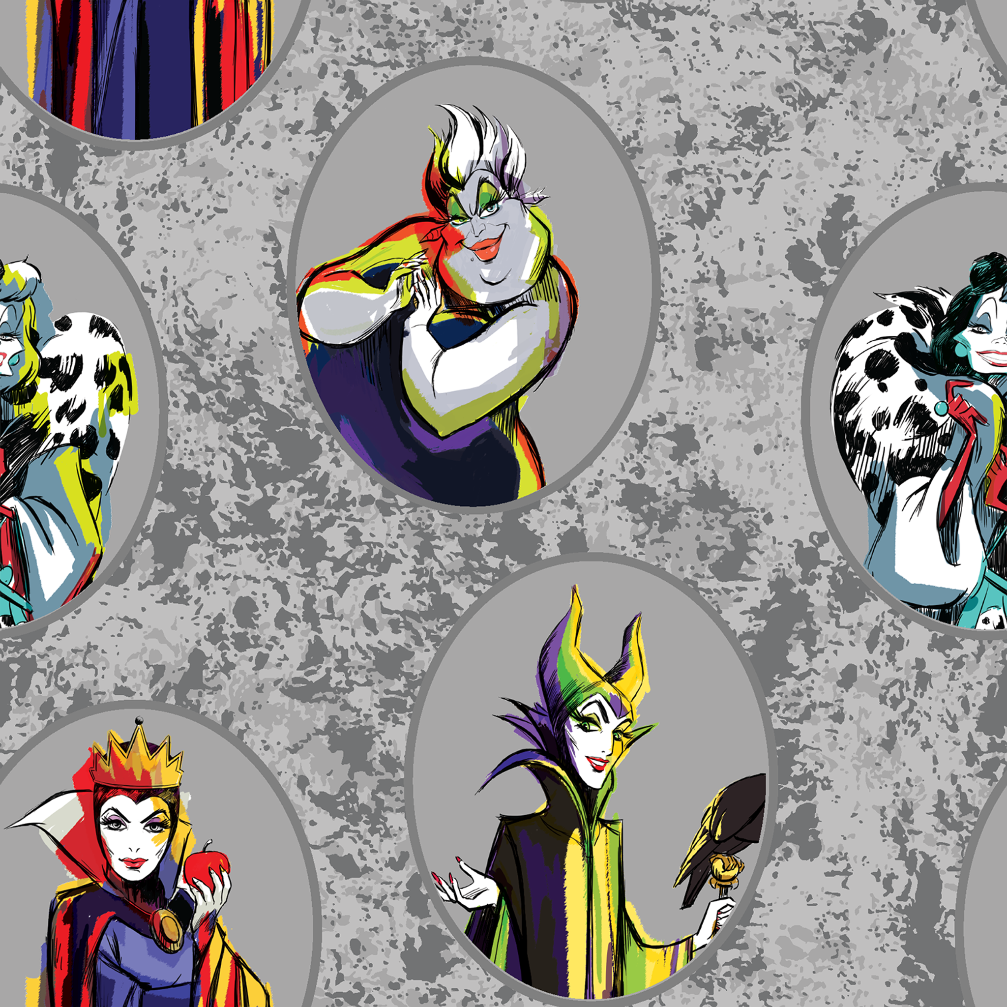 Disney villain characters in oval portraits on gray marbled background, including Ursula, Maleficent, Cruella, and Evil Queen tiled preview square