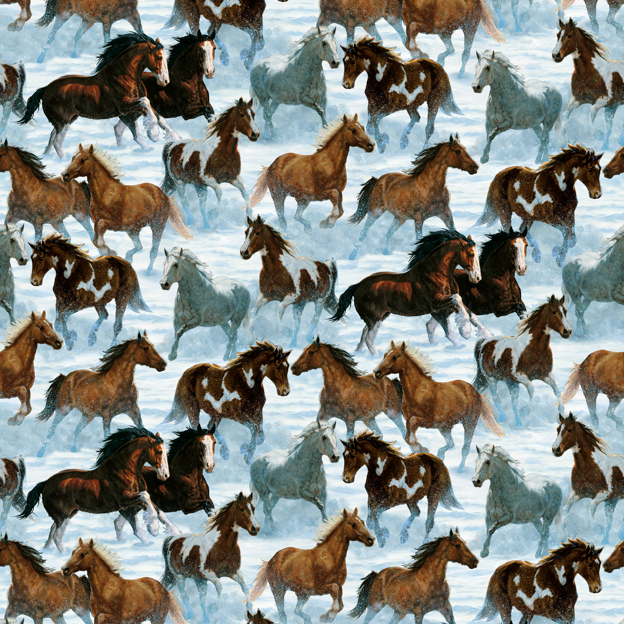 Wild horses running through snowy landscape in various brown, black and gray colors tiled preview square