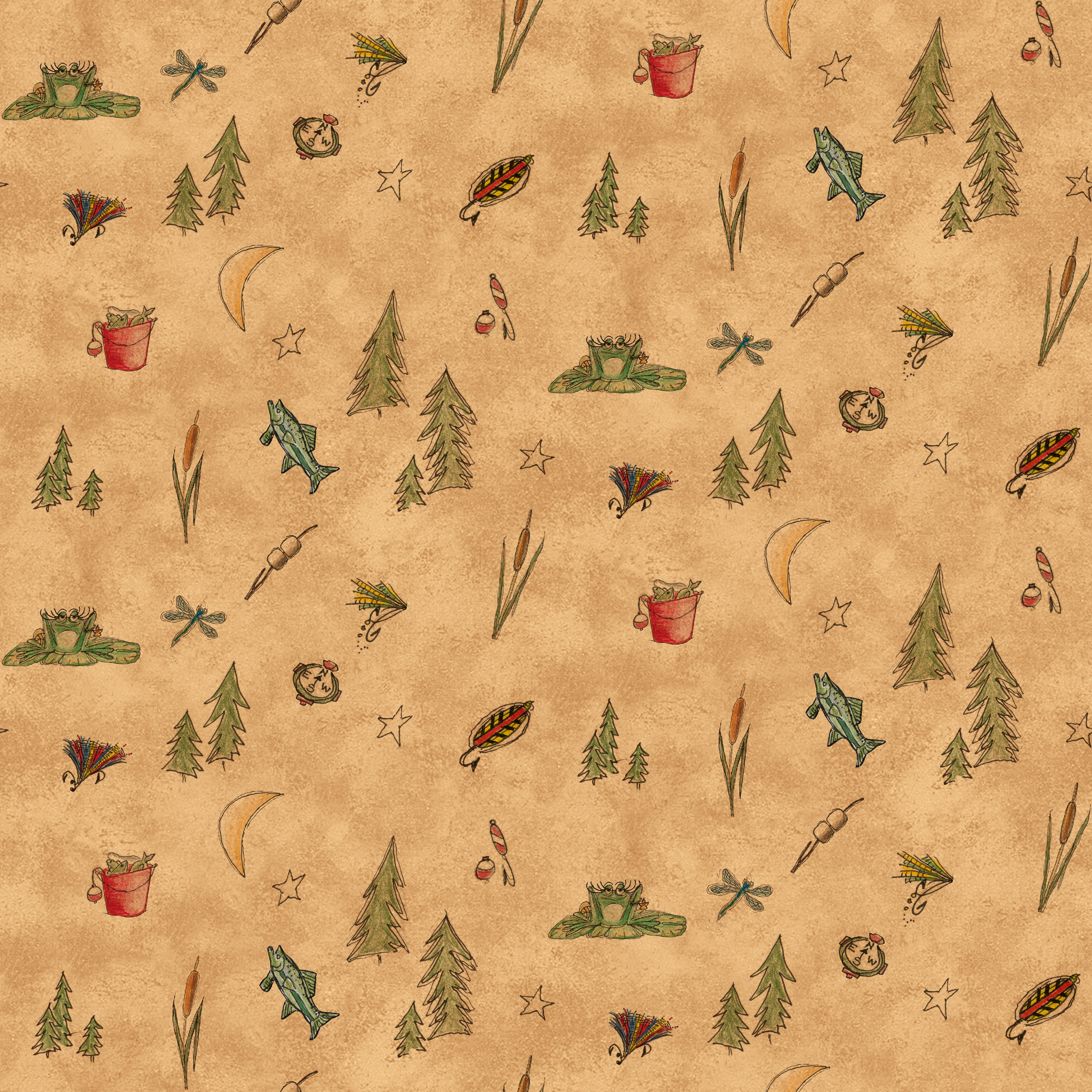 Outdoor camping pattern with tents, trees, lanterns, and nature elements on beige background tiled preview square