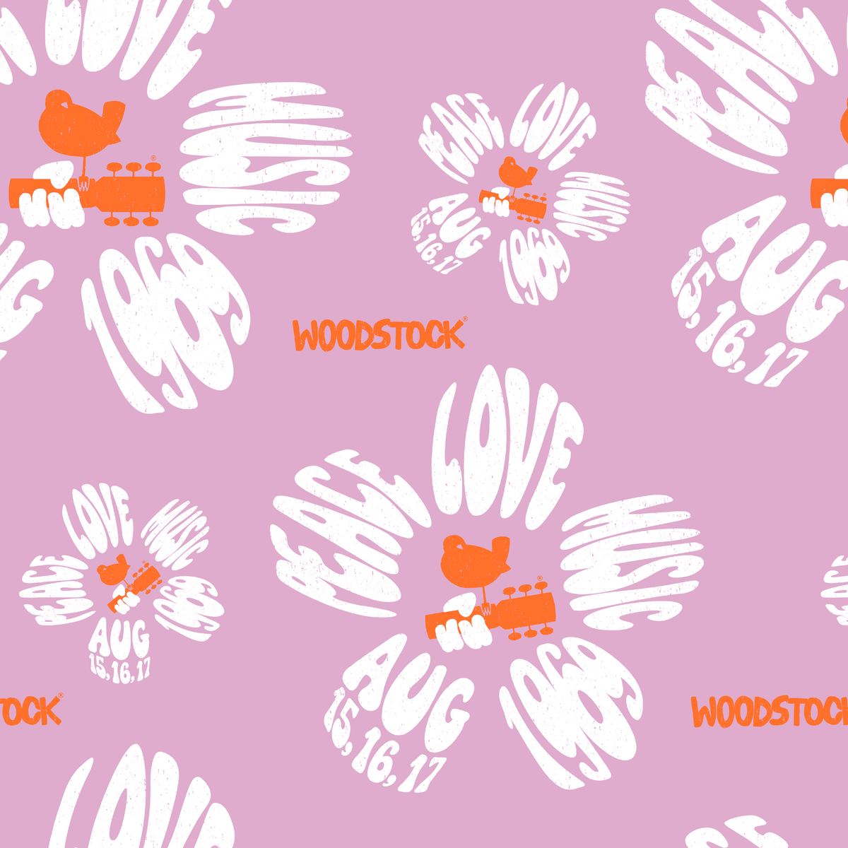 Woodstock Peace, Love, Music Florals on Lavender Wallpaper