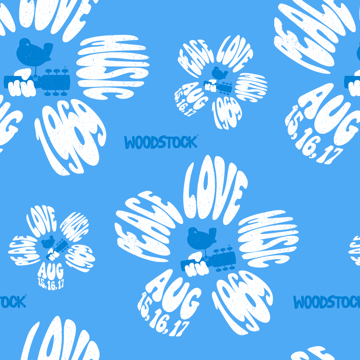Woodstock Peace, Love, Music Florals on Blue Wallpaper
