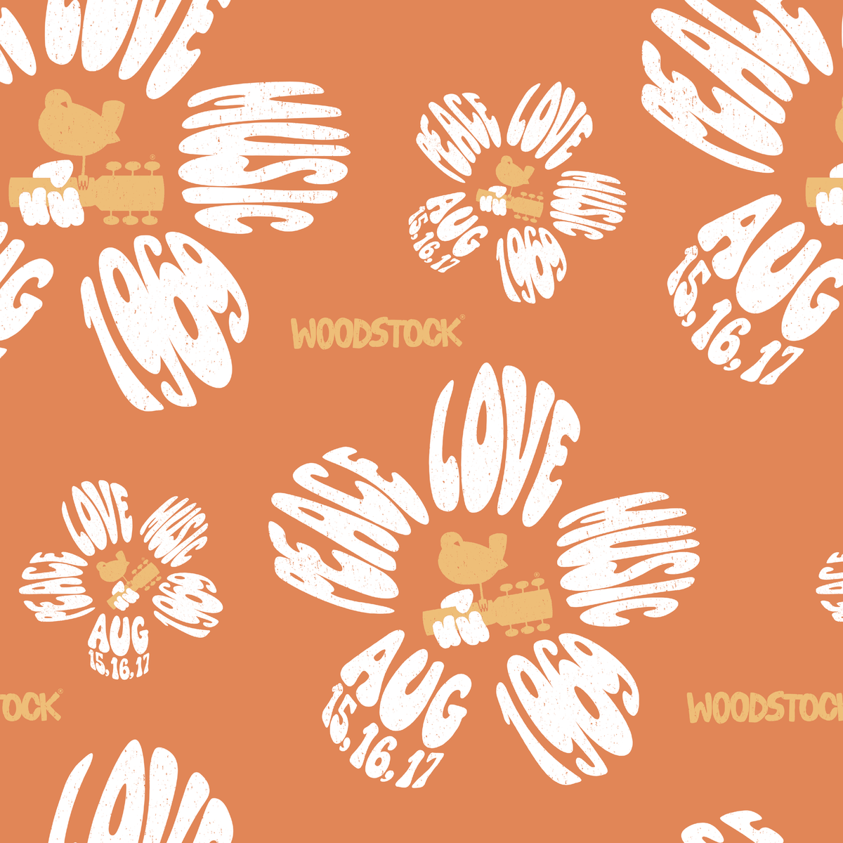 Woodstock Peace, Love, Music Florals on Tan Wallpaper