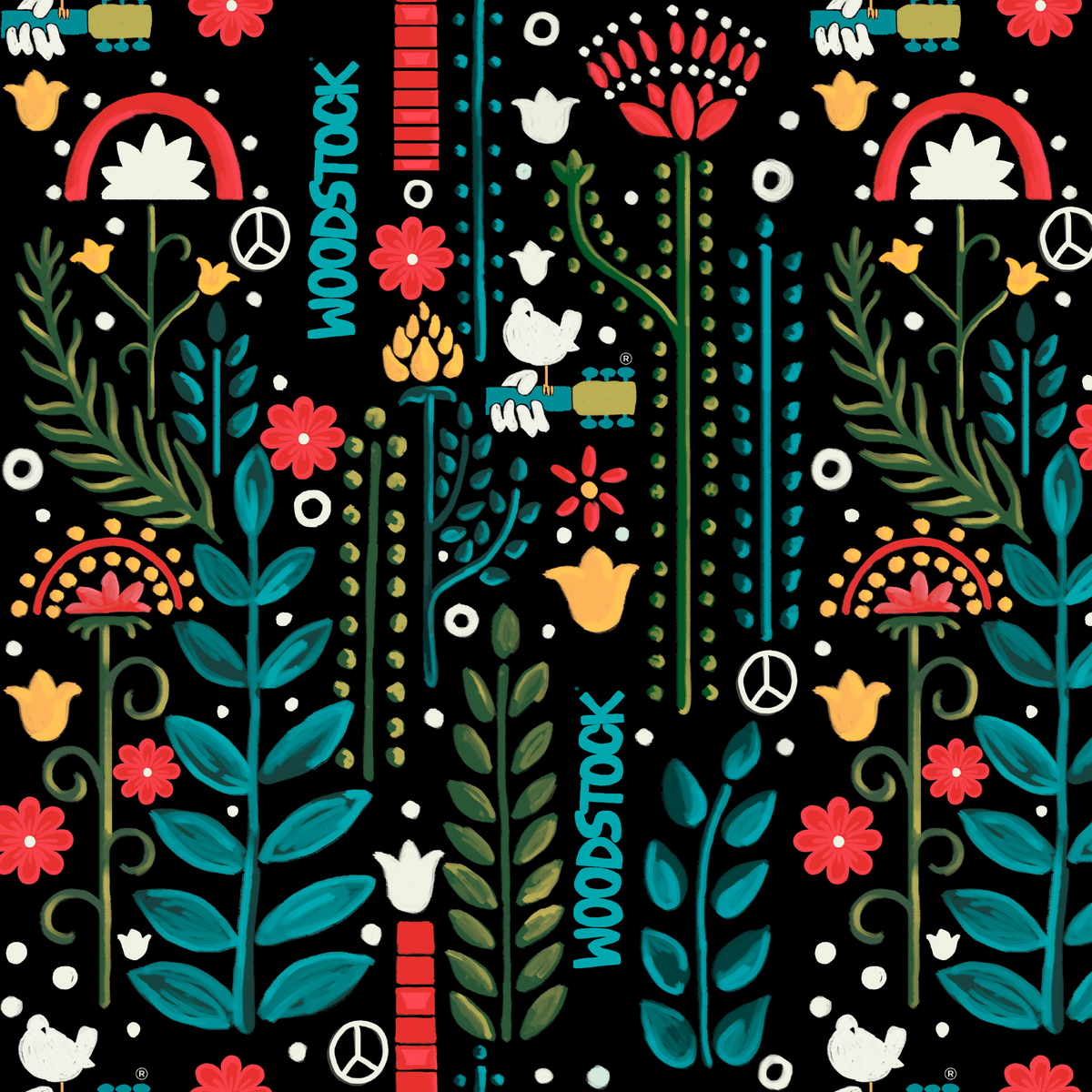 Woodstock Retro Greenery on Black Wallpaper