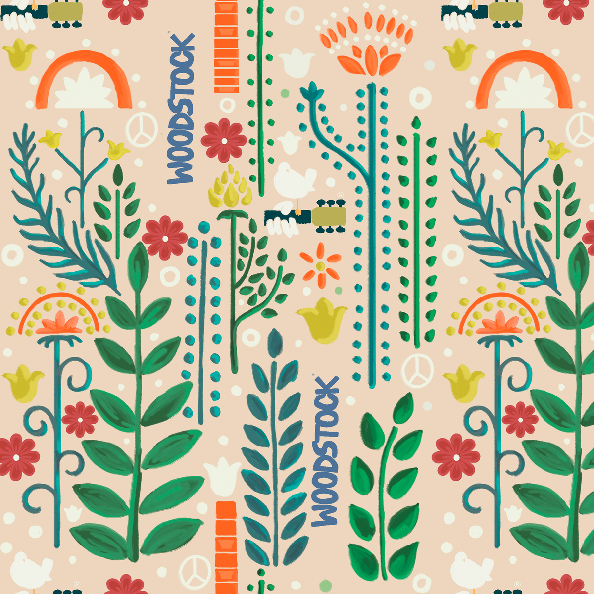 Woodstock Retro Greenery on Tan Wallpaper