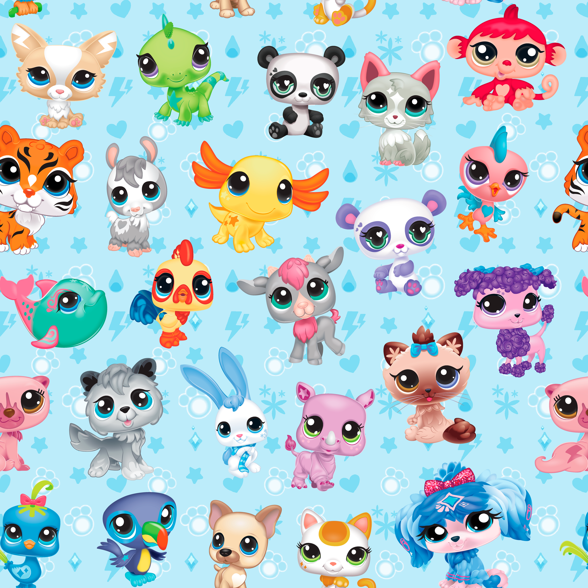 Hasbro Littliest Pet Shop Character Collage on Blue Wallpaper