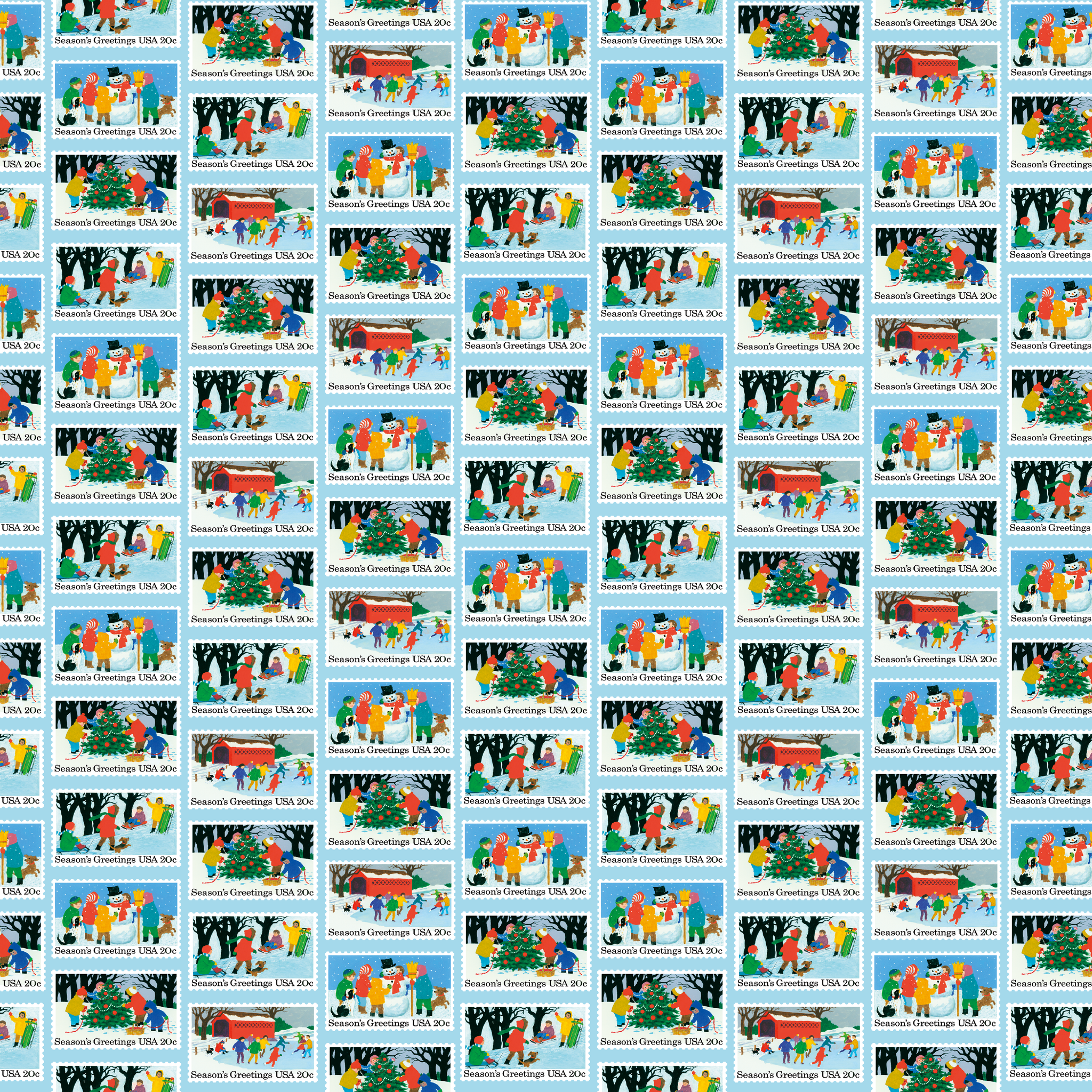 USPS Scenic Season's Greetings Stamps on Blue Wallpaper
