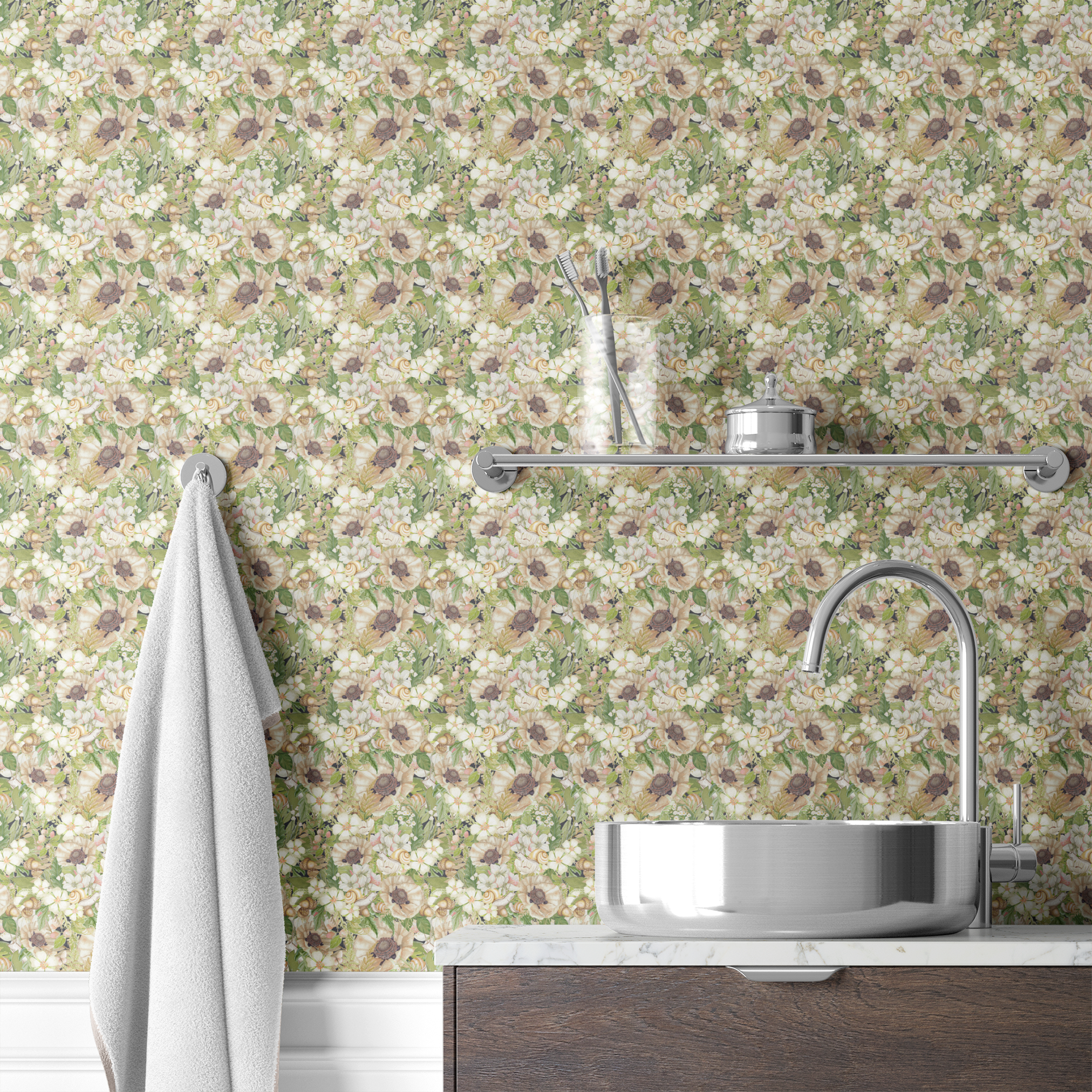 Botanical pattern by Nicole Tamarin featuring cream poppies, snails, acorns, and soft green leaves in an earthy woodland layout. wallpaper bath mockup