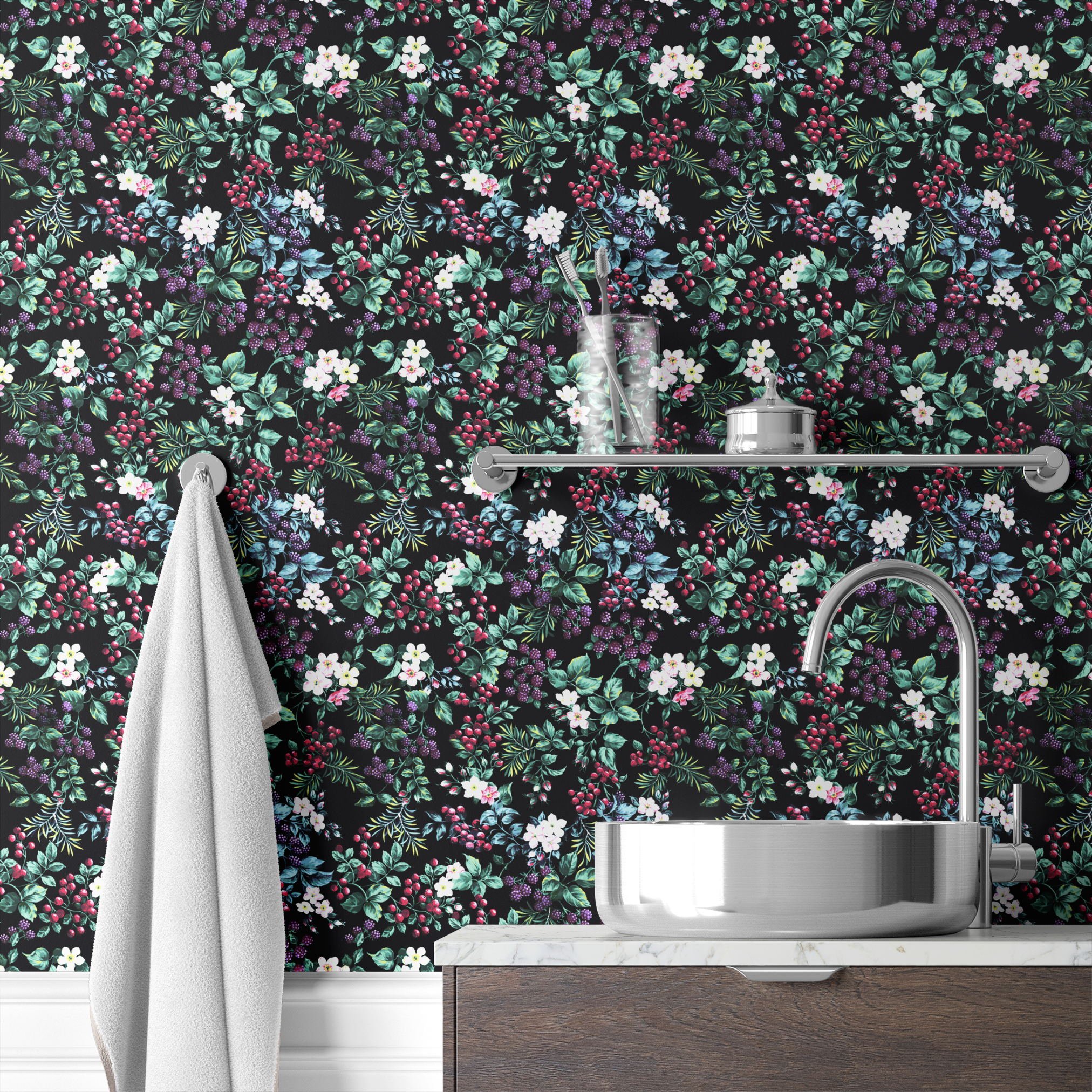 Colorful botanical pattern with white flowers, red cherries, purple blackberries, and green leaves on black background wallpaper bath mockup