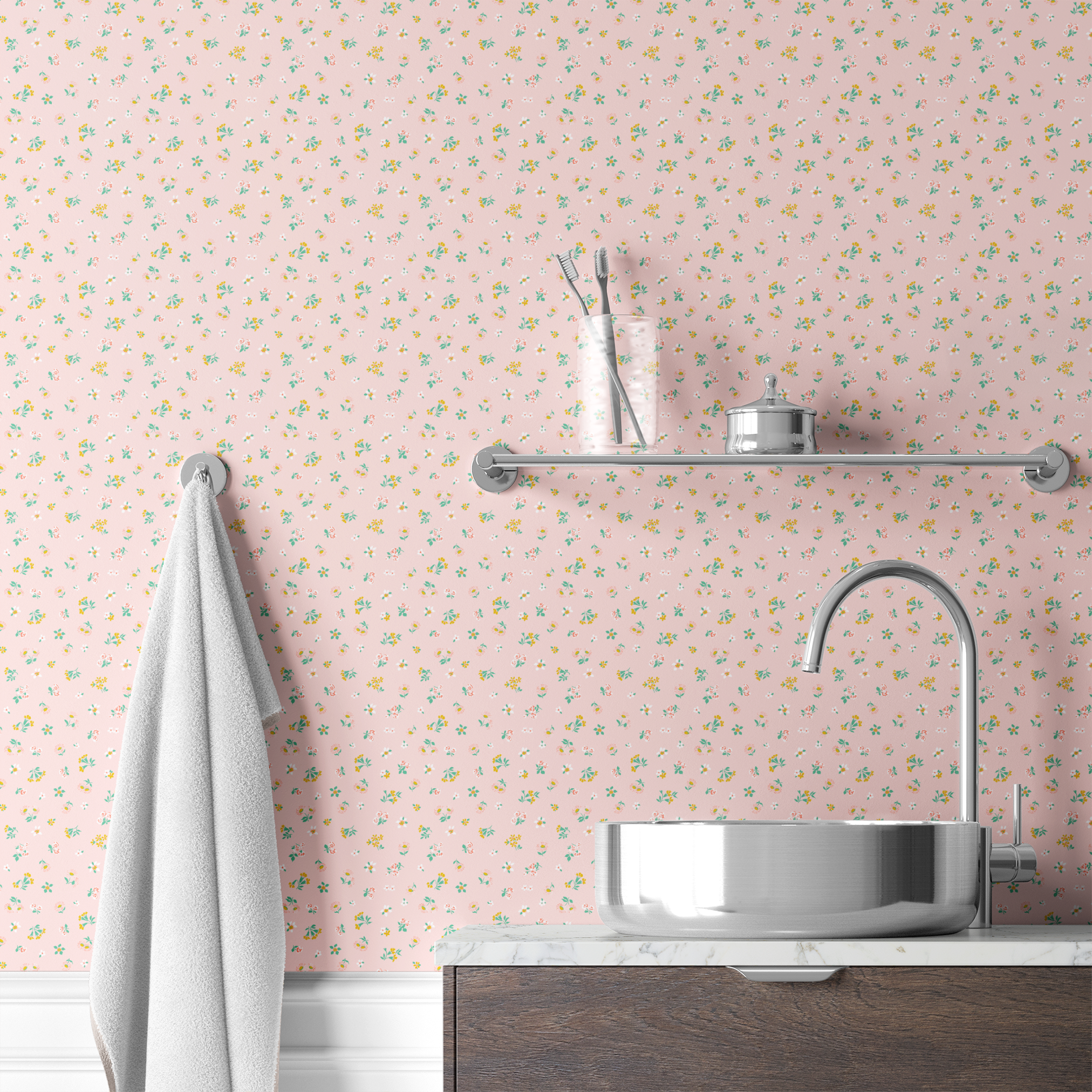 Small floral pattern on pink background with white daisies and yellow, blue, and pink flowers wallpaper bath mockup