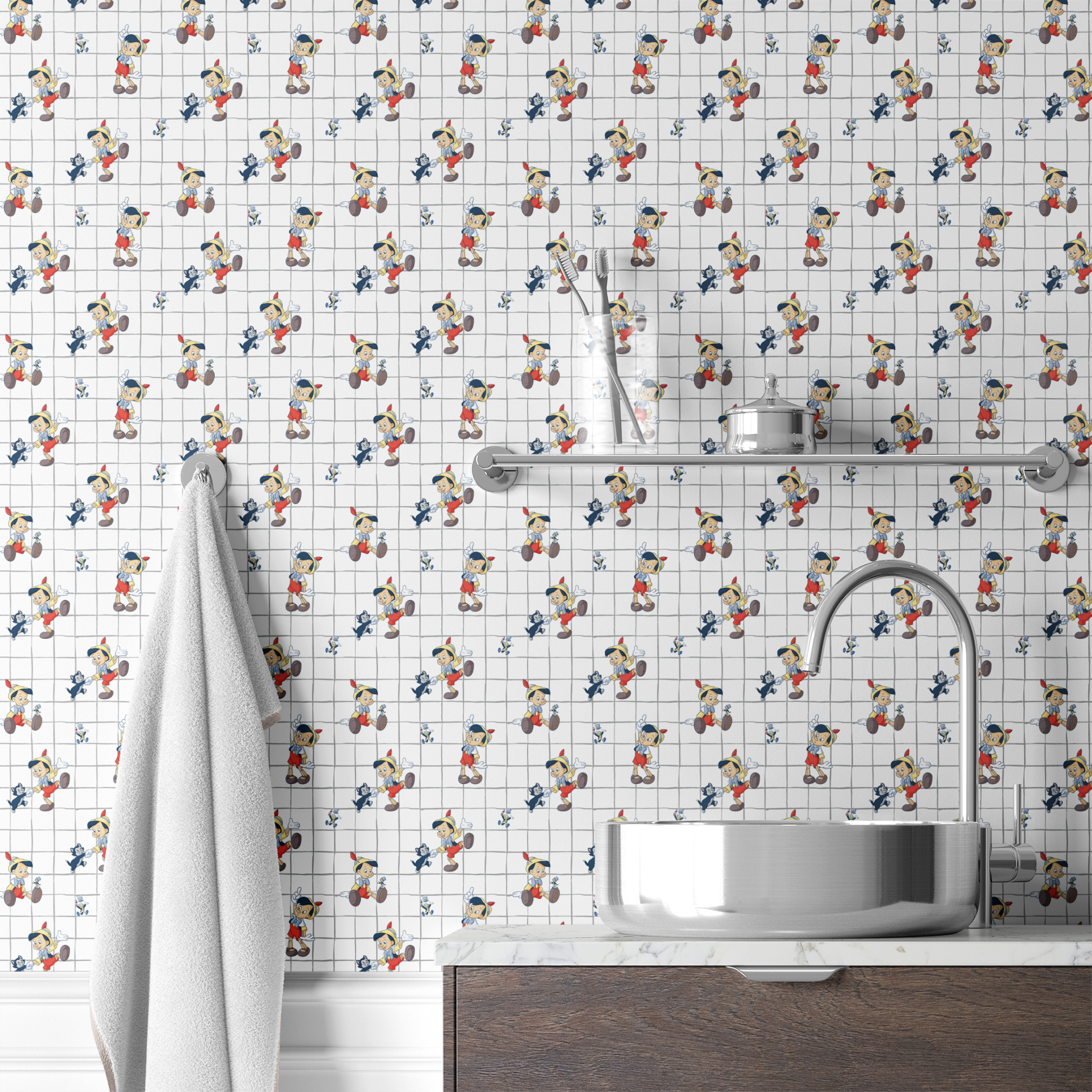 Classic cartoon puppets with red shorts, yellow hats on white grid pattern with small black cat figures wallpaper bath mockup