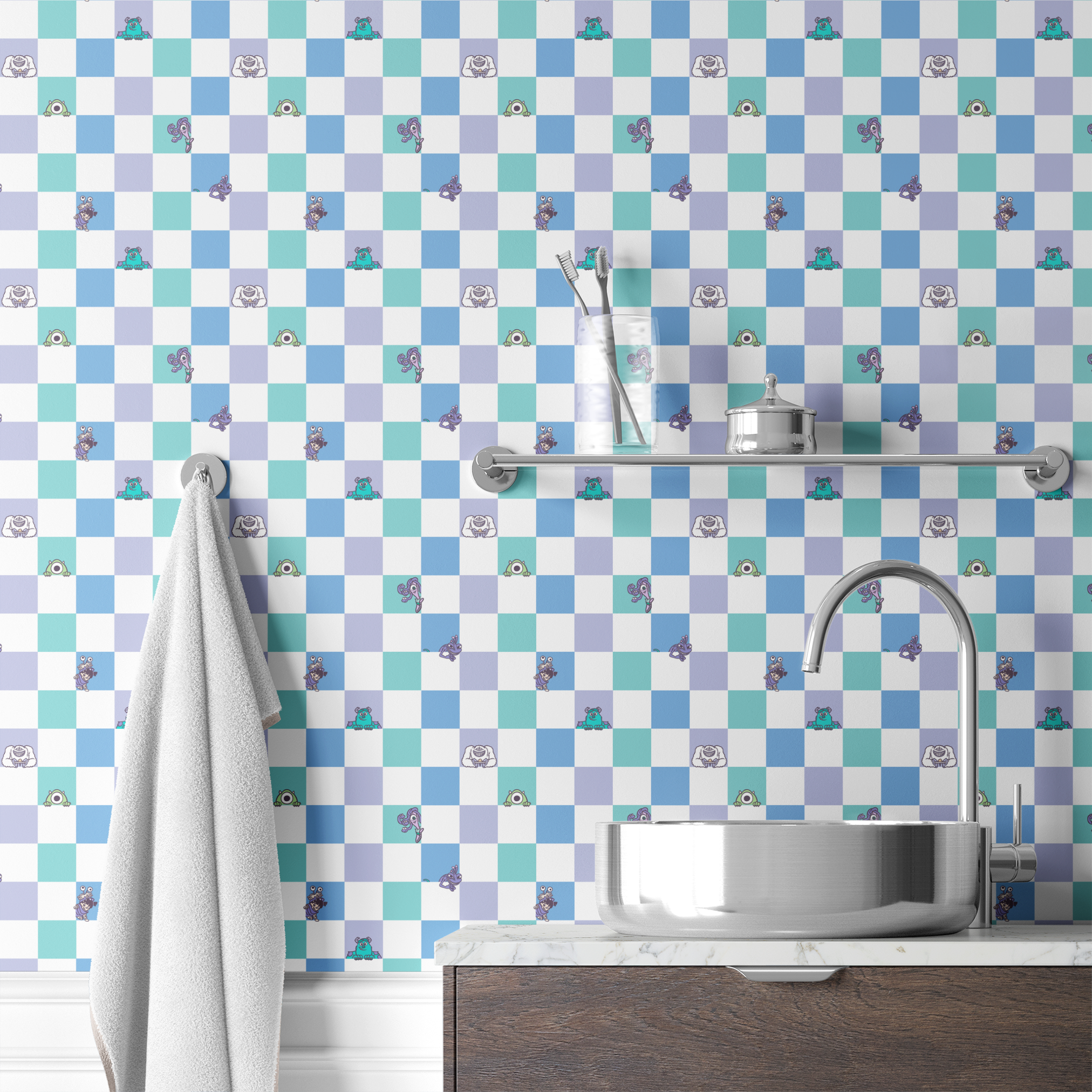 Monsters Inc characters on a checkered pattern of white, mint green, light purple, and blue squares wallpaper bath mockup