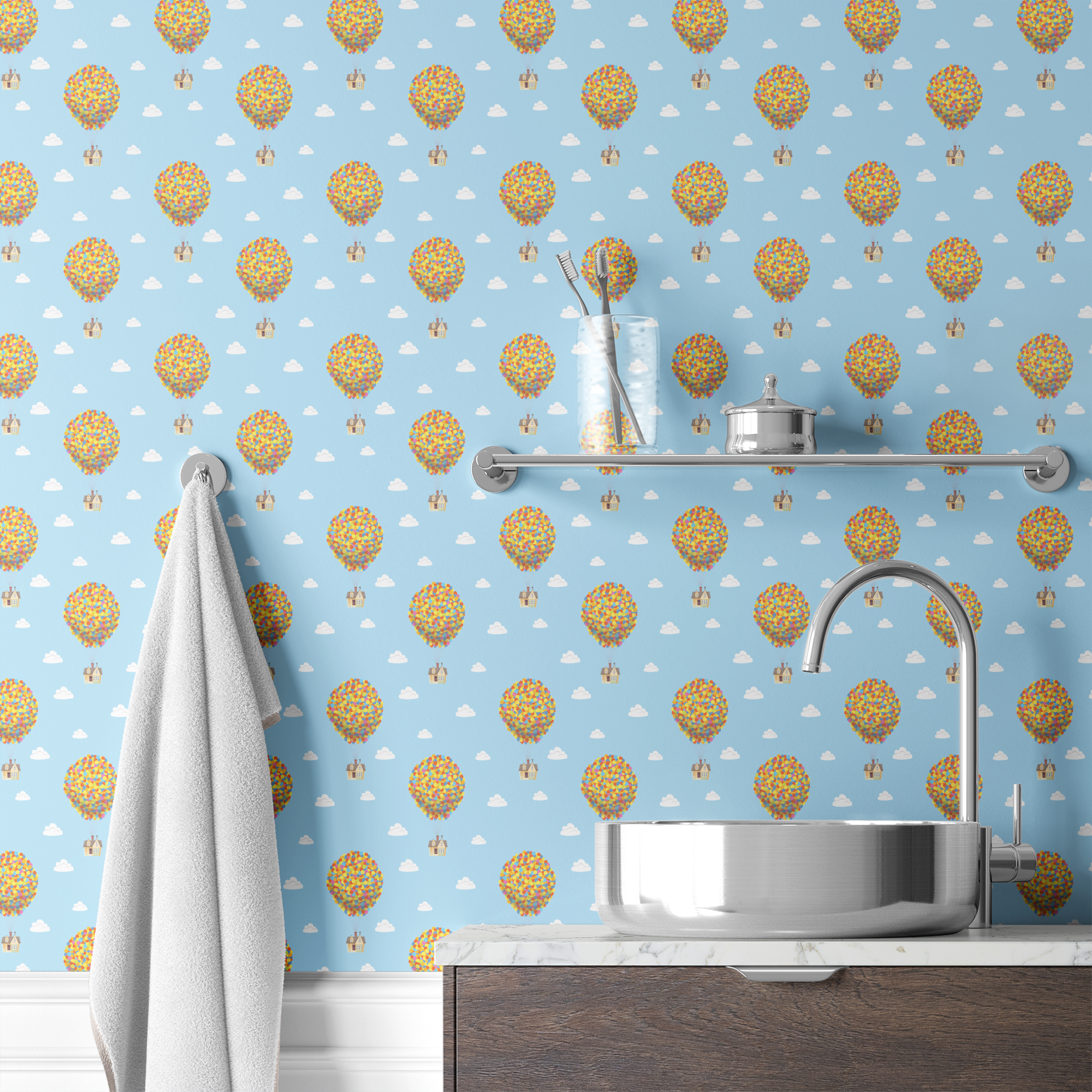 Repeating Up pattern of houses lifted by colorful balloon clusters against a light blue sky with white clouds wallpaper bath mockup