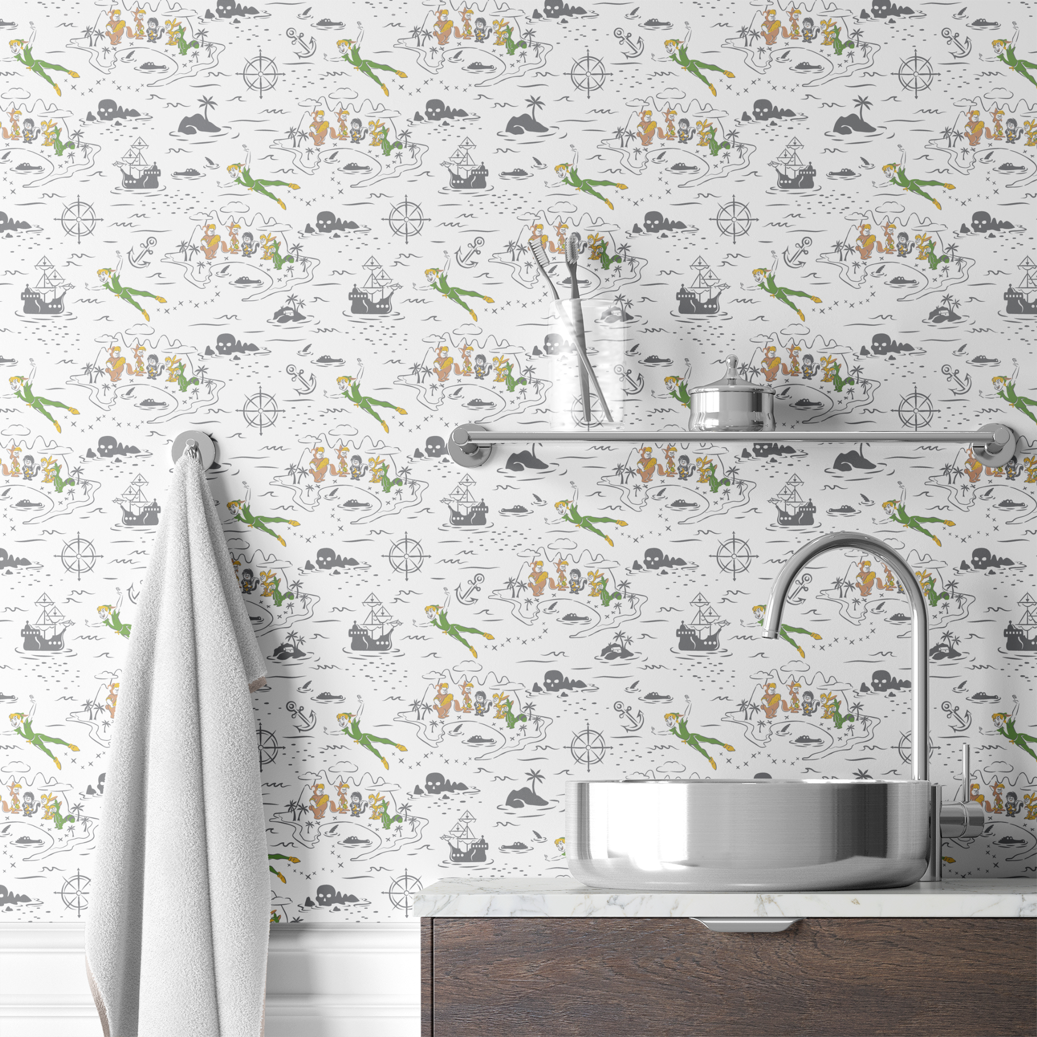 Peter Pan-inspired pattern with islands, ships, mermaids, compass roses, and pirate symbols in green, orange, and gray on white background wallpaper bath mockup