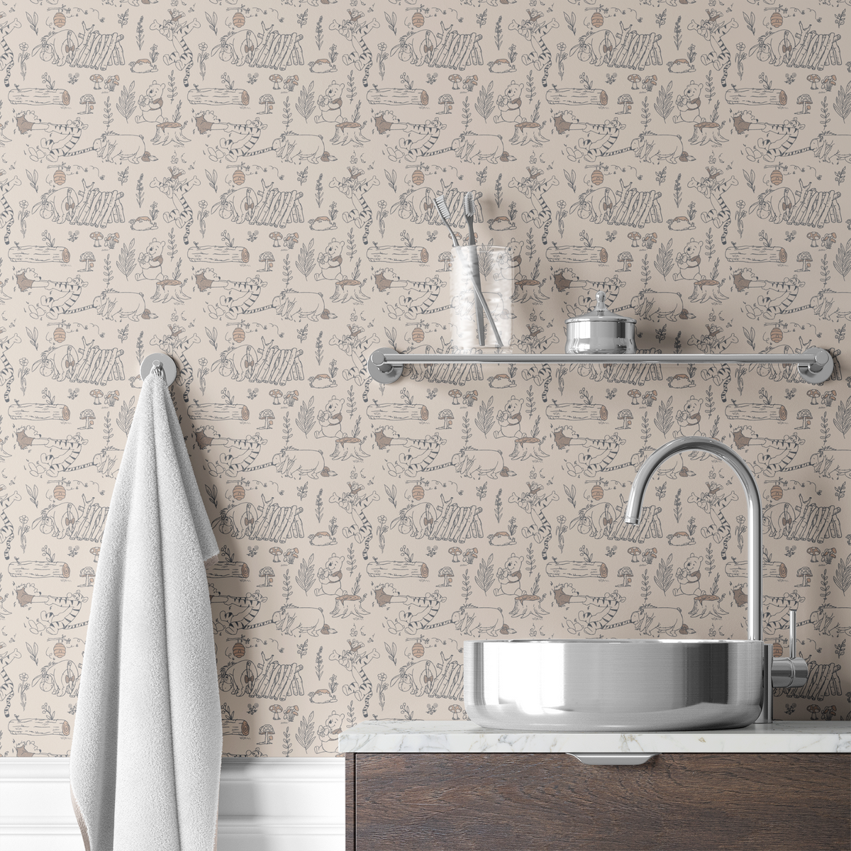 Whimsical illustrated pattern of woodland animals, logs, and plants in black line art on beige background wallpaper bath mockup