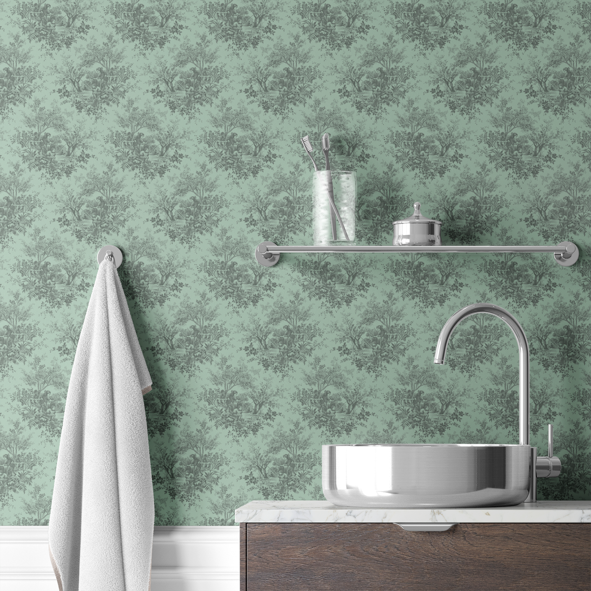 Patterned design featuring scenes of figures near trees, in dark gray on a soft mint green background. wallpaper bath mockup