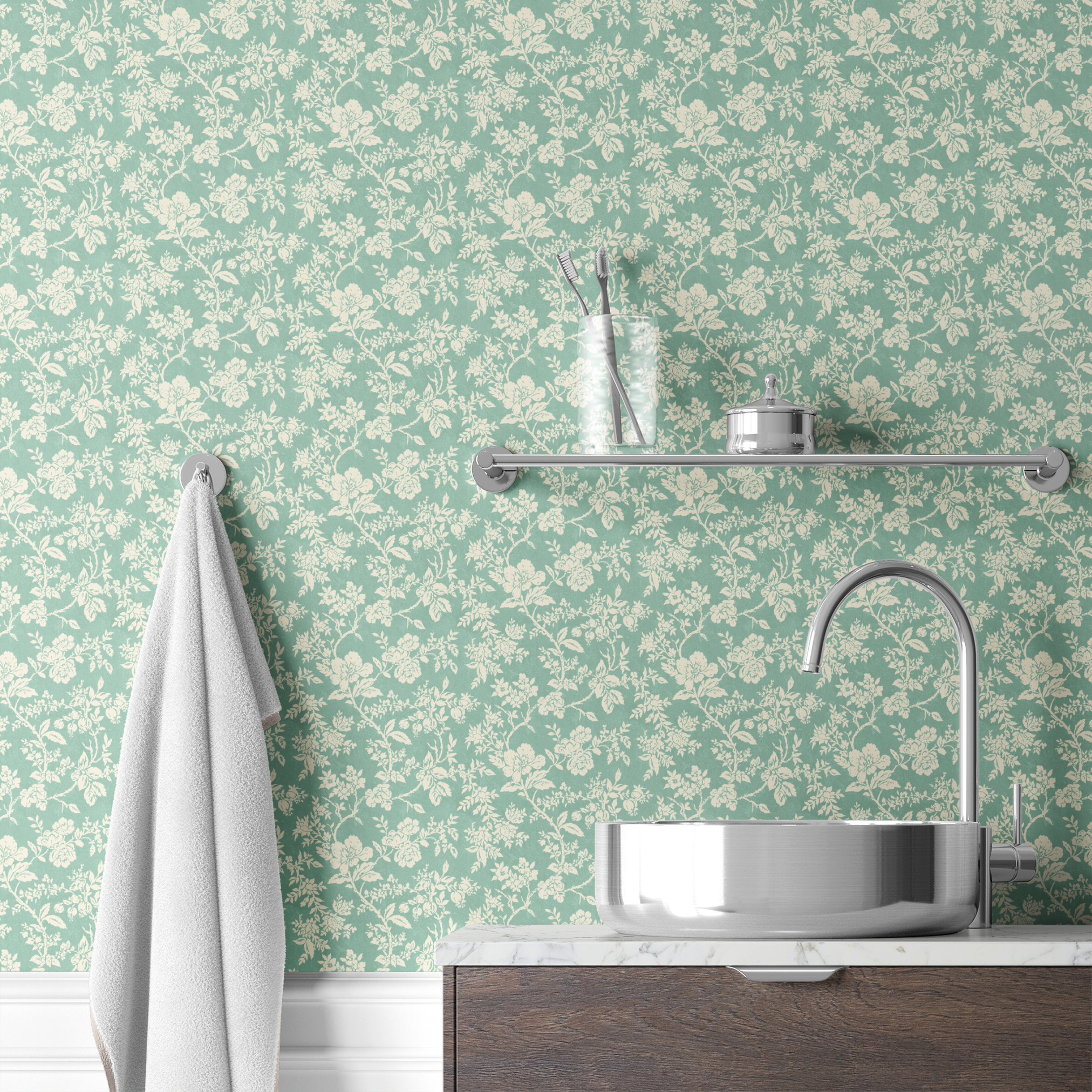 A floral pattern with white flowers and leaves on a soft teal background, featuring a delicate, repeating design. wallpaper bath mockup
