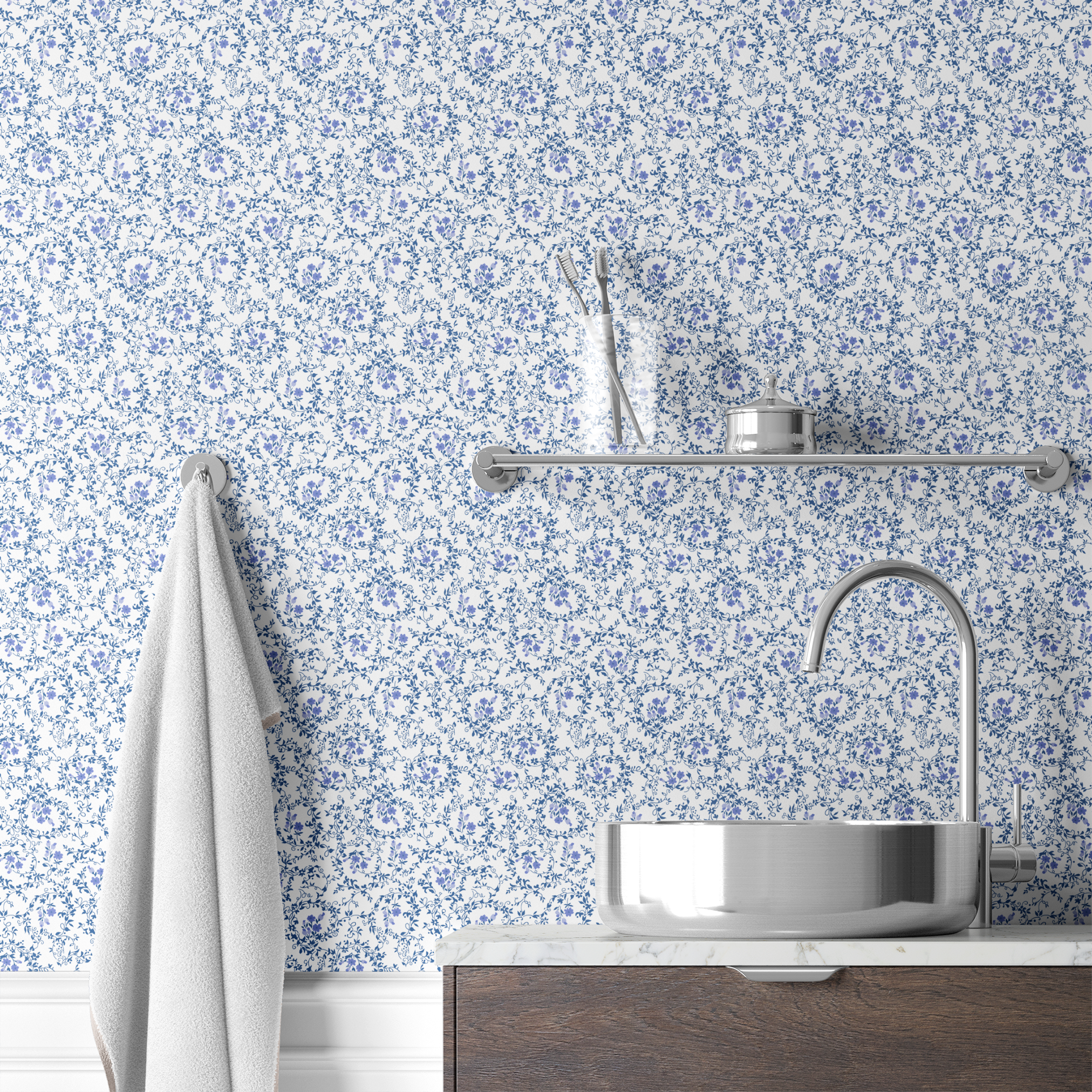 Blue floral motifs interspersed with scroll-like vines on a white background, creating a dense, patterned design. wallpaper bath mockup