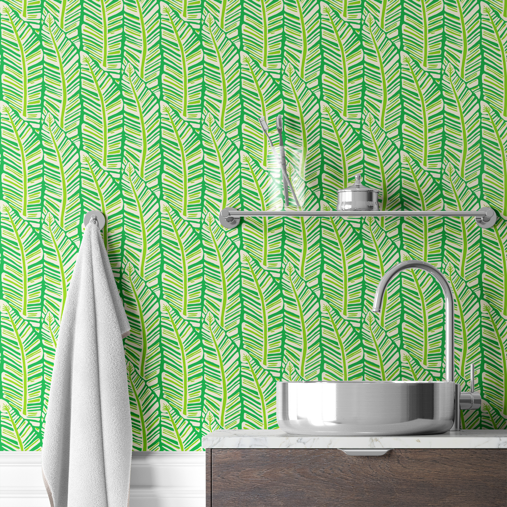 Tropical green palm frond pattern with overlapping leaves in various shades of green and yellow wallpaper bath mockup