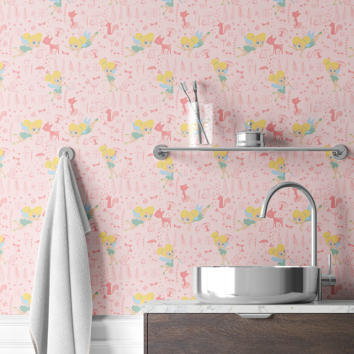 Pink whimsical pattern with cartoon fairy characters, forest animals, mushrooms, and plants in pastel colors wallpaper bath mockup