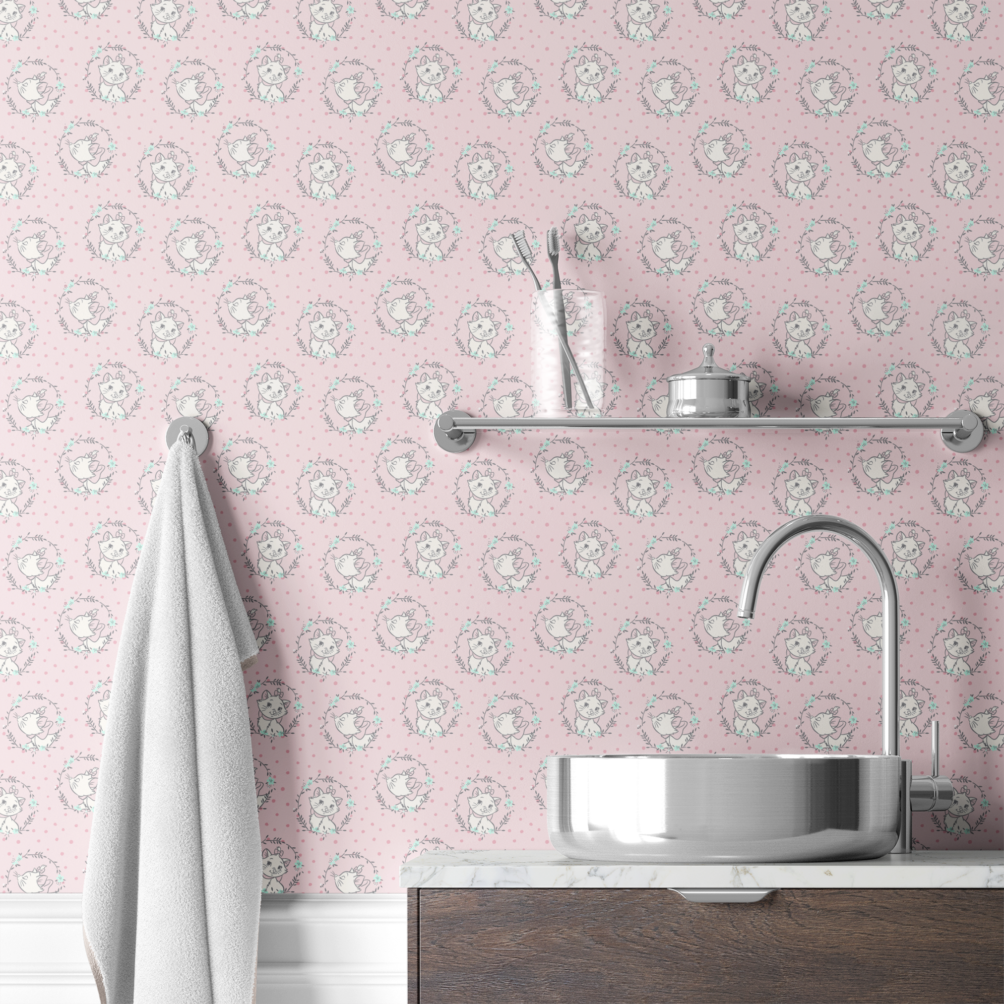 White cartoon cats in floral wreaths on pink polka dot background, seamless pattern wallpaper bath mockup